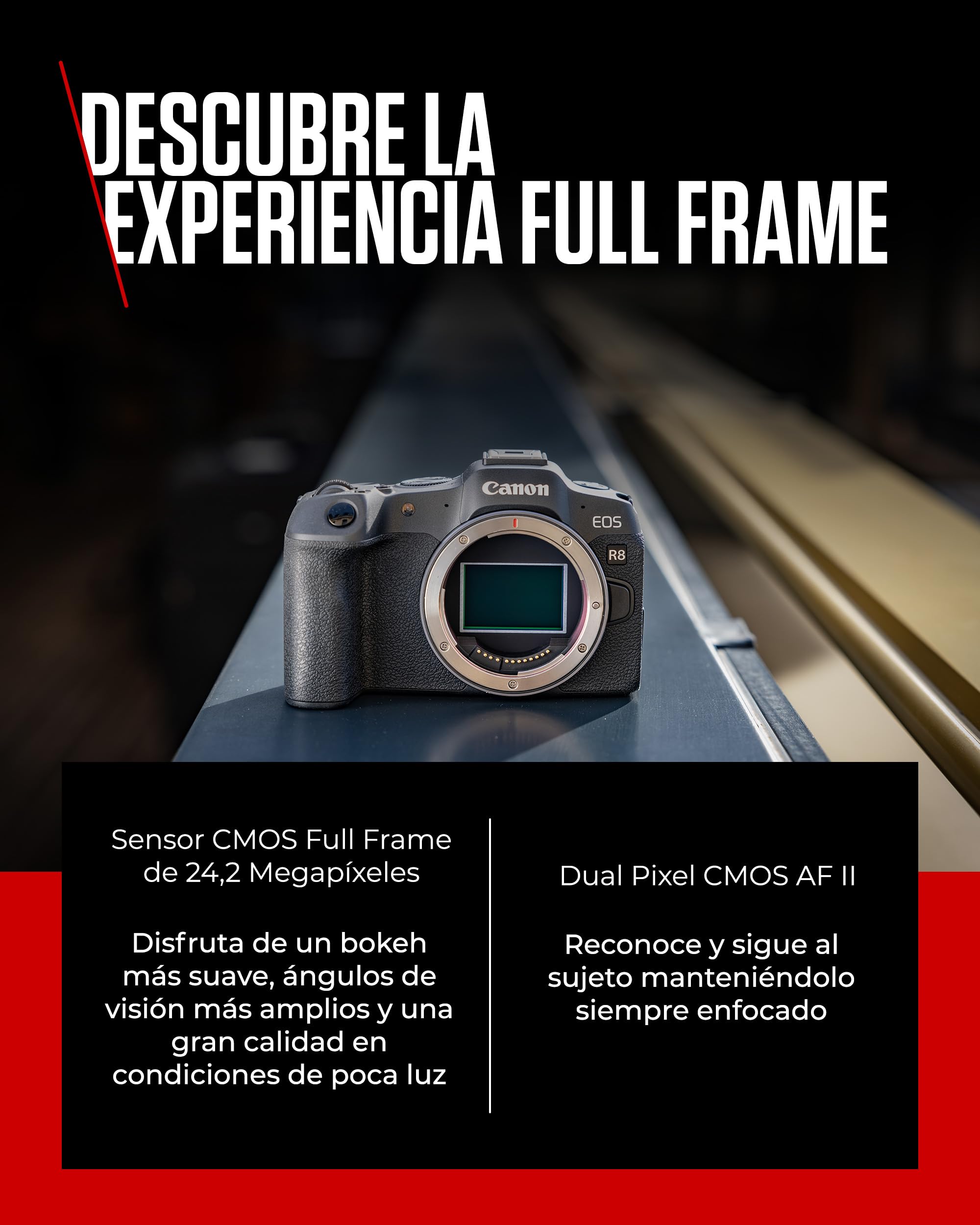 CANON EOS R8 Cámara Mirrorless Body, Cámara Evil Full Frame (24,2 MP) -6.5 EV, Vídeo 4K 60 fps, Dual Pixel CMOS AF II, Pantalla Táctil de Ángulo Variable, Negro