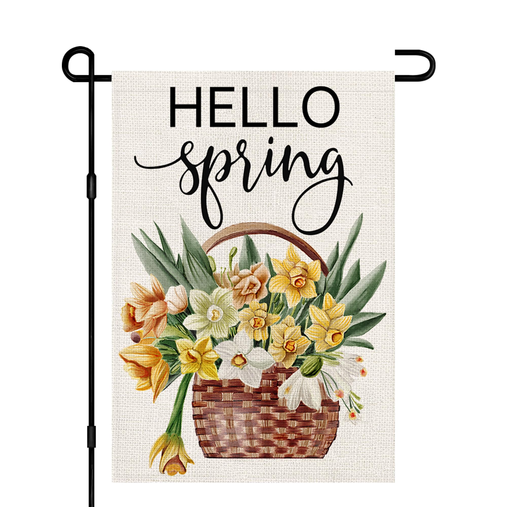 Garden Flag Hello Spring 12x18 Vertical Double Sided Burlap, Floral Daffodils Sign Yard Farmhouse Holiday Outside Decorations DF472