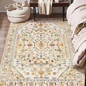 SERISSA Area Rug 3x5 Boho Light Yellow Rugs for Bedroom, Washable Non-Slip Kitchen Rugs, Ultra Soft Print Distressed Entry Rug Low-Pile Throw Rug Carpet for Bedroom Nursery Living Room Dorm Decor