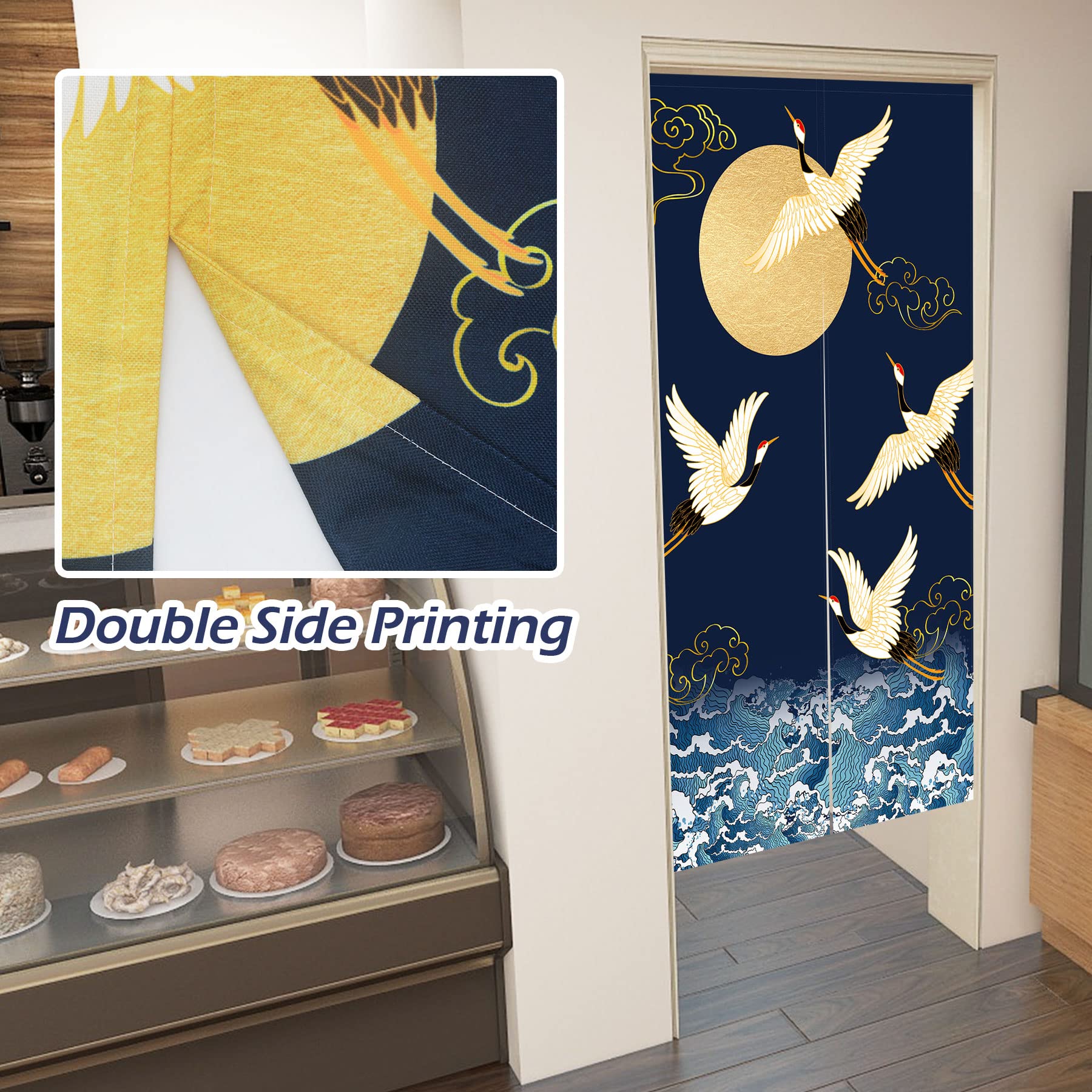 LIGICKY Noren Rideau de Porte Style Japonais Grues épaissies Vagues Or Pleine Lune Imprimé Coton Lin Revêtement de Fenêtre Porte Tapis pour Décoration Intérieure 85x150cm, Bleu Marine (Priting Double