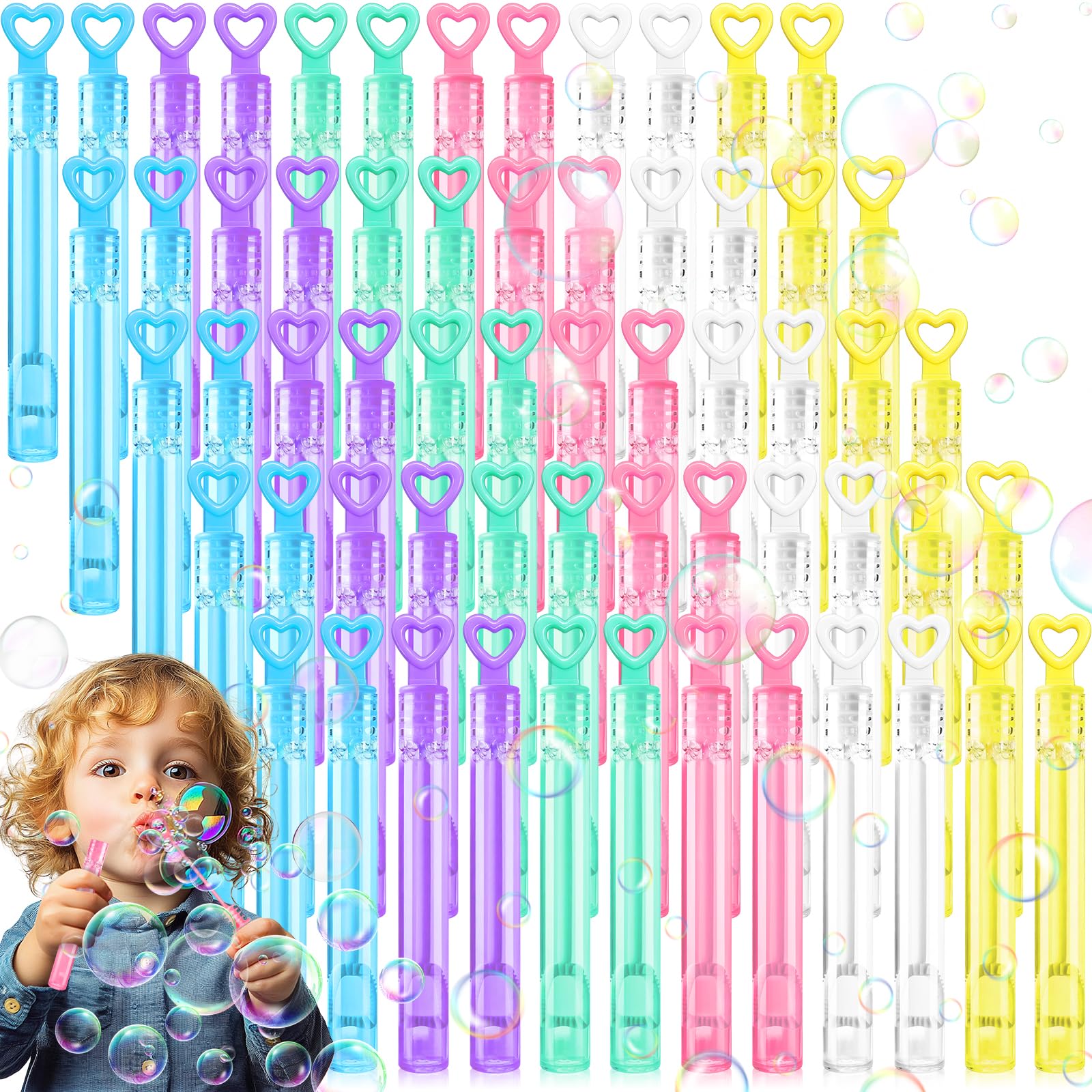 60 PCS Mini Blasenstäbe Set, Seifenblasen Stäbe vorgefüllt – Herzgriff, 6 Farben, auslaufsicher & ungiftig, Seifenblasen für Kinder, Hochzeit, Party, Geburtstags Mitgebsel, Sommer Spielzeug
