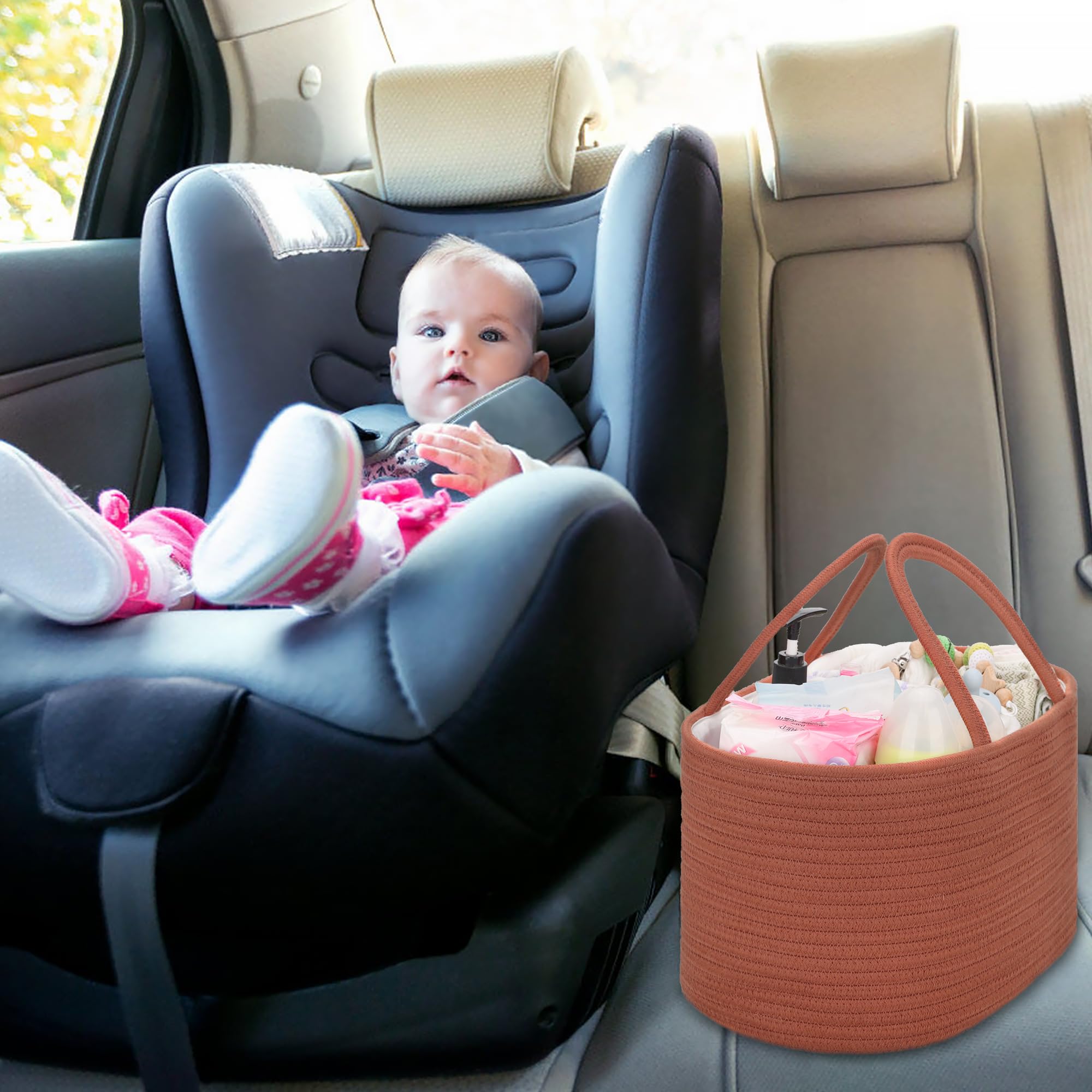 COMSE Large Nappy Caddy Organizer for Girl Boy Baby Car Diaper Caddy with Handles, Cotton Rope Diaper Basket - Image 4