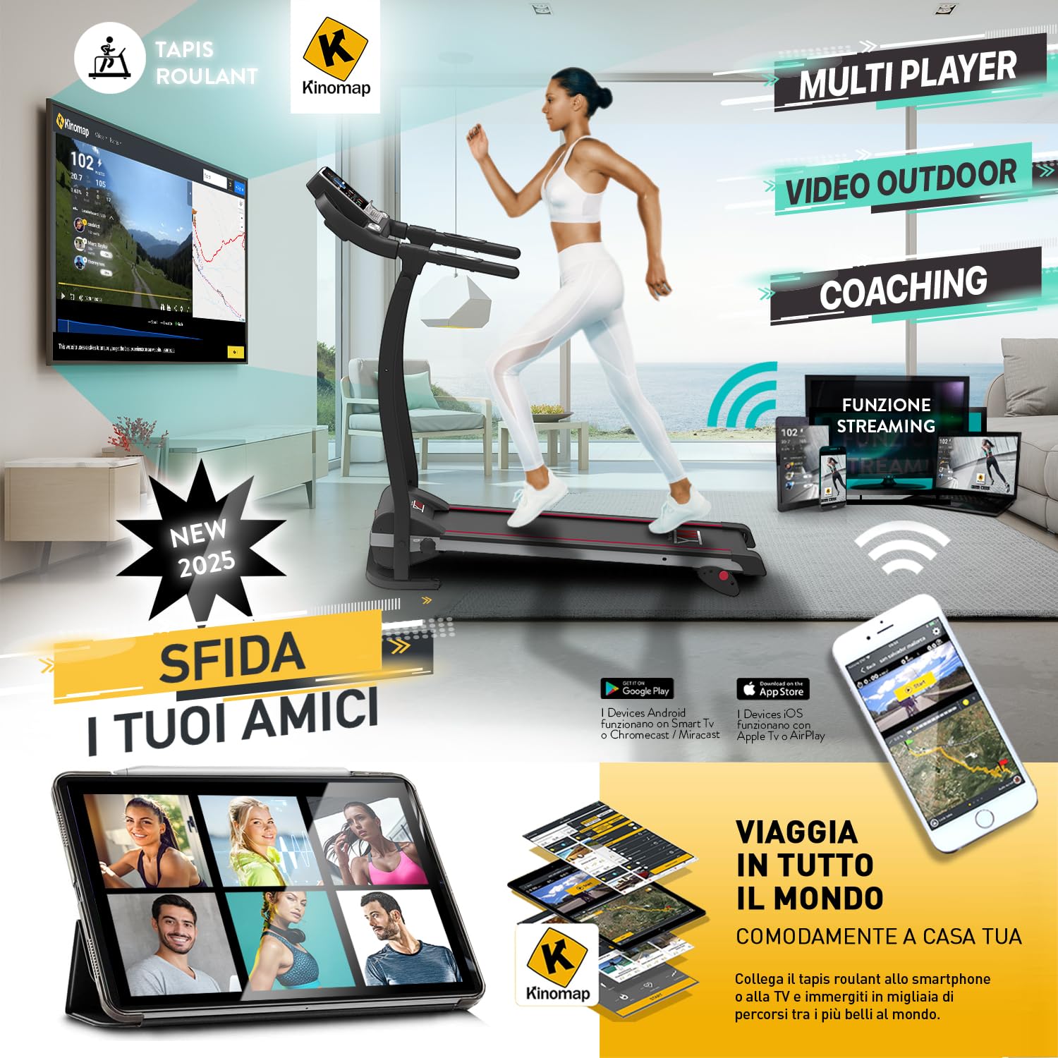 YM TAP100APP Tapis Roulant Elettrico Pieghevole, Marchio di Qualità ITALIANO, 12 km/h App KINOMAP & ZWIFT Video/Coach, Sensore Cardio Inclinazione Regolabile, 12 Programmi, 750W (1800W - 2,5HP Picco)