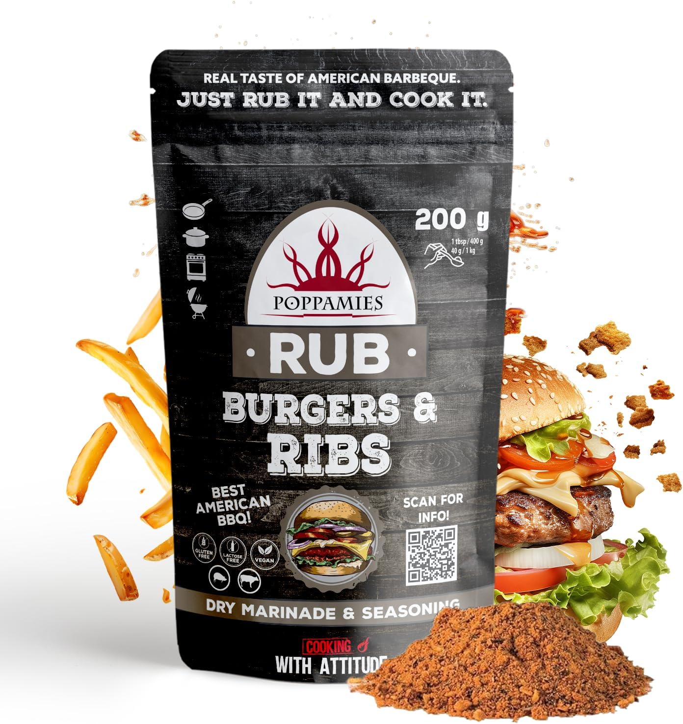 Burgers & Ribs BBQ Rub, Dry Marinade & Seasoning Perfect for Beef, Pork - Great in The Grill, Oven, Boiler and Pan - Best American Barbecue- Large Pack (200g)