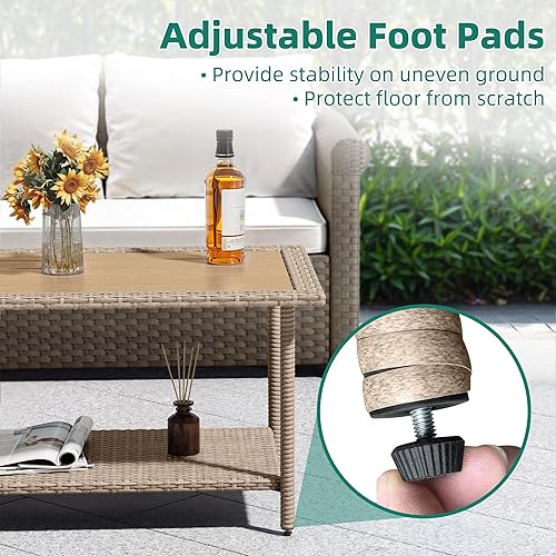 Miniatura 2 de YITAHOME Mesa de centro de mimbre para exteriores con 2 capas, mesa auxiliar rectangular exterior de 39.4 pulgadas con parte superior de madera