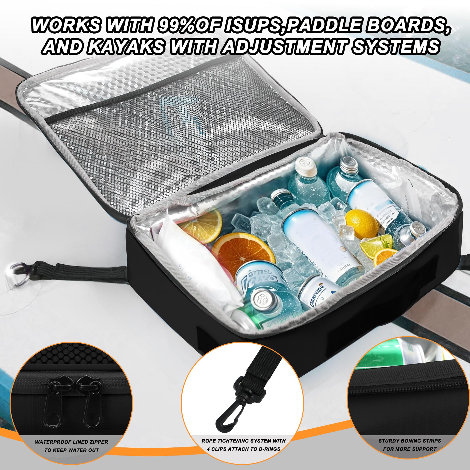 Bolsa térmica Sup Deck - Bolsa de cubierta impermeable, asa lateral, correa para el hombro, bolsillo superior de malla, accesorios de cubierta