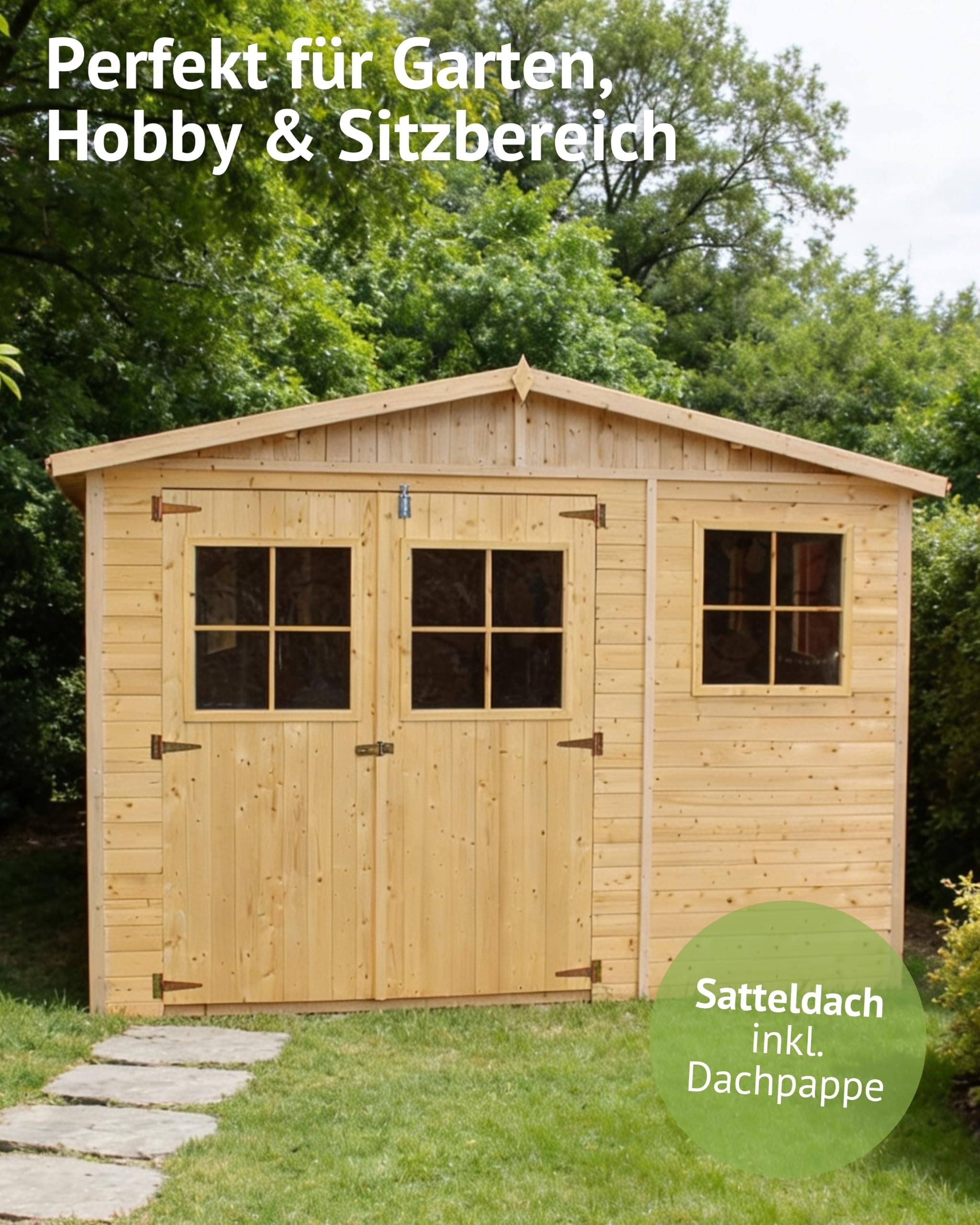 Steiner Shopping Gartenhaus Mainau 300x300 cm aus Holz I Vorgefertigtes Elementhaus mit Satteldach & Dachpappe I Geräumiger Geräteschuppen für Gartengeräte & Fahrräder I Robuste Gartenhütte