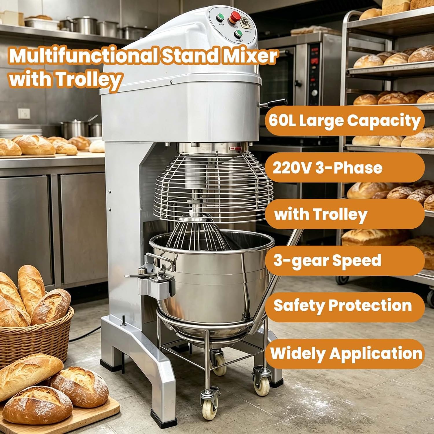 Commercial 60QT Stand Food Mixer with Trolley, 220V 3-Phase Industrial Multifunctional Mixing Machine for Bakery, 3 Adjustable Speed Dough Mixer with Stainless Steel Bowl, Hook, Beater & Whip