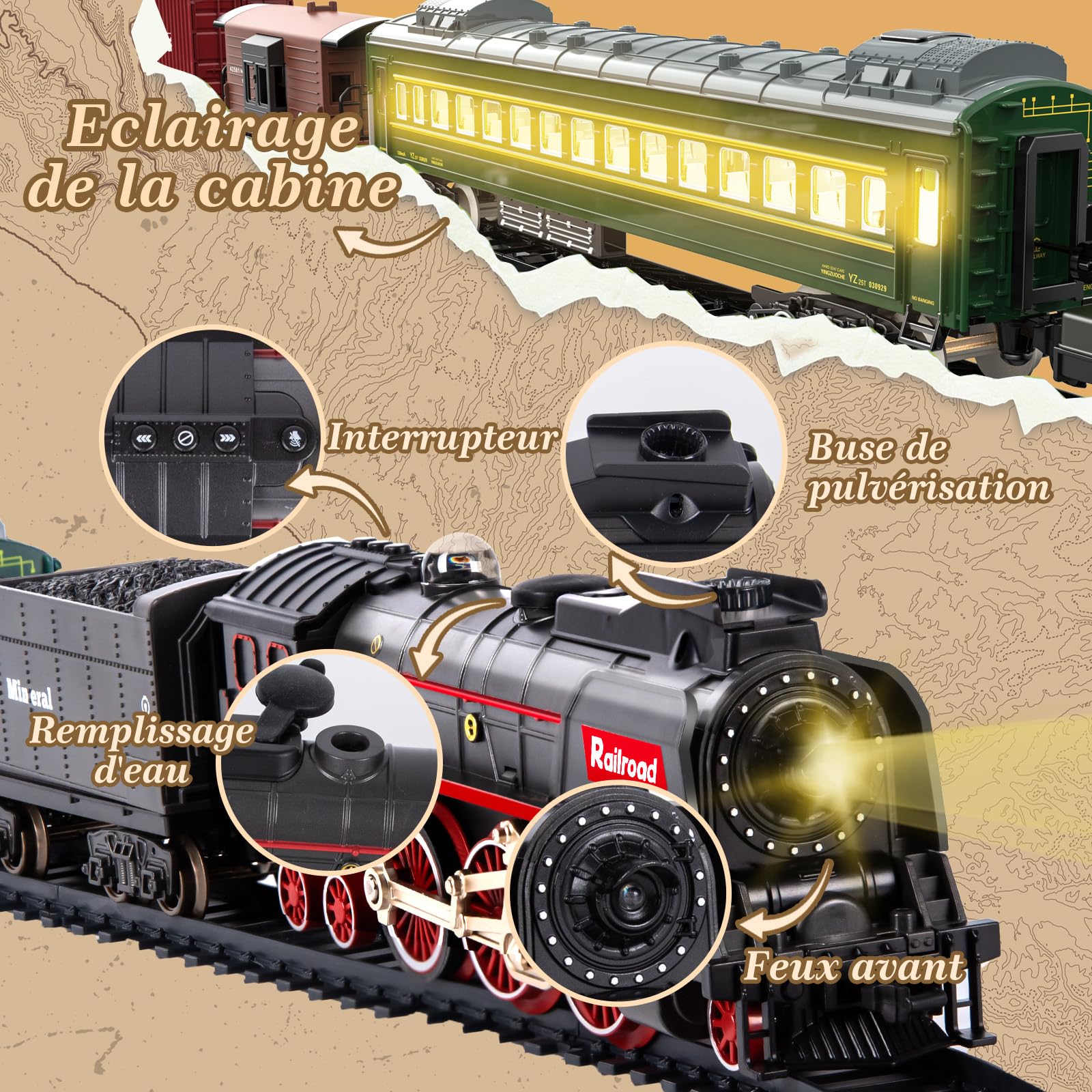 Joellfuner Jouet De Train Électrique À Vapeur, Train Electrique Enfant avec Telecommande, Locomotive à Vapeur Electrique avec la Fumée Lumineuse et Le Son, Cadeaux de Noël Anniversaire pour Enfants