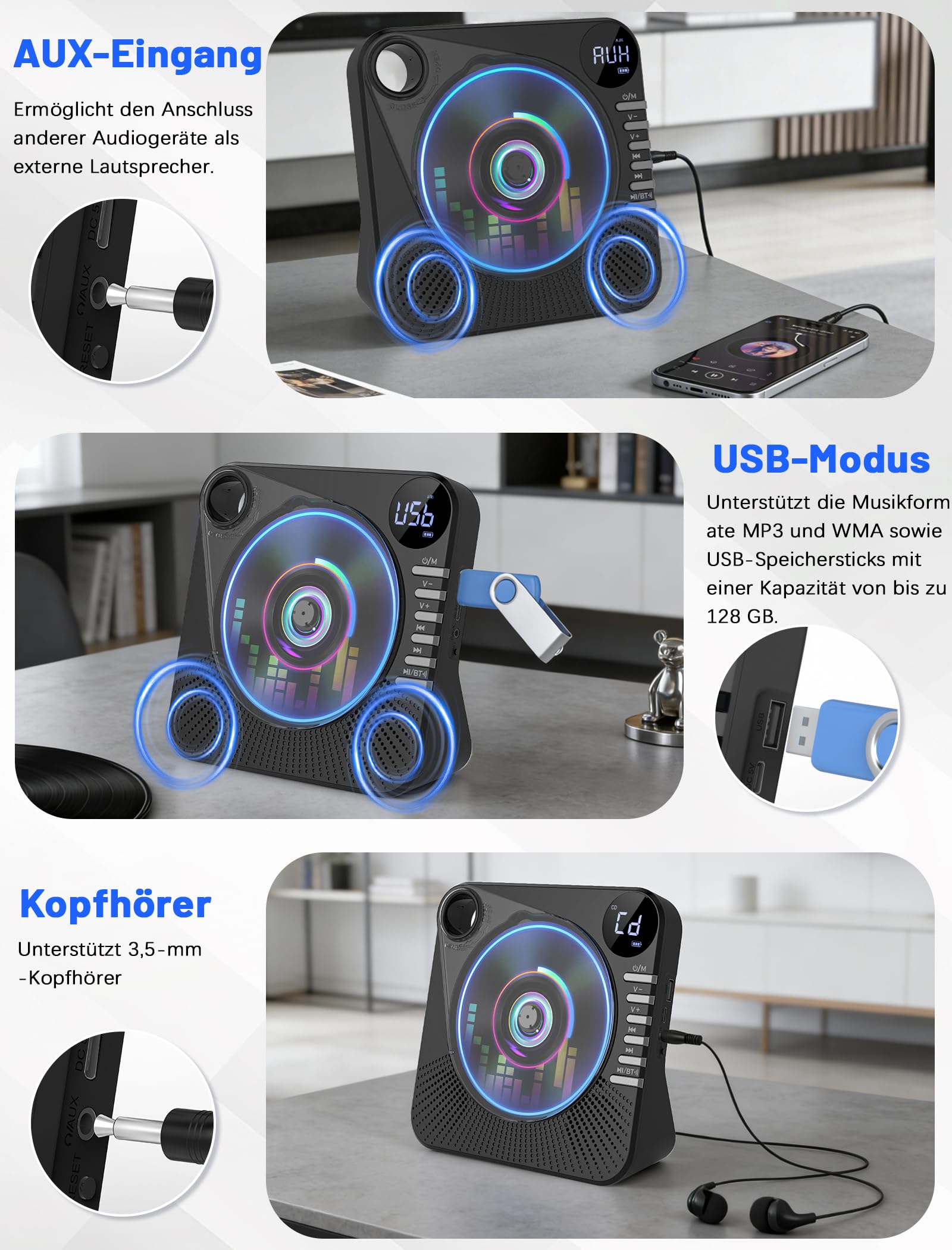 Lecteur CD portable 4000 mAh rechargeable Bluetooth 5.1 avec haut-parleurs