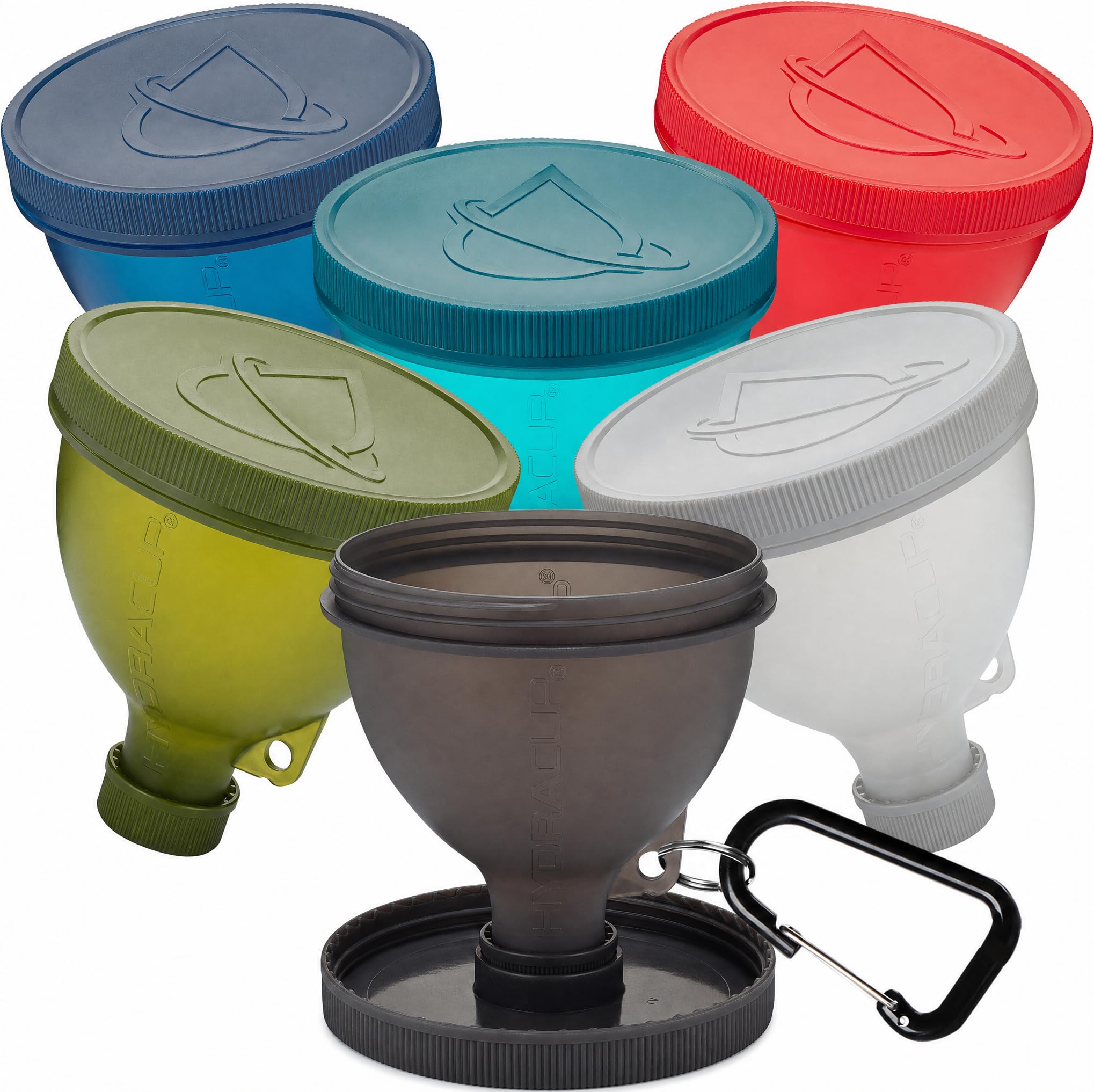 ProStand [6 paquetes] - Embudos para llenar botellas de agua con recipiente de proteína en polvo, juego On The Go Set, llavero para taza de coctelera, suplementos para llevar
