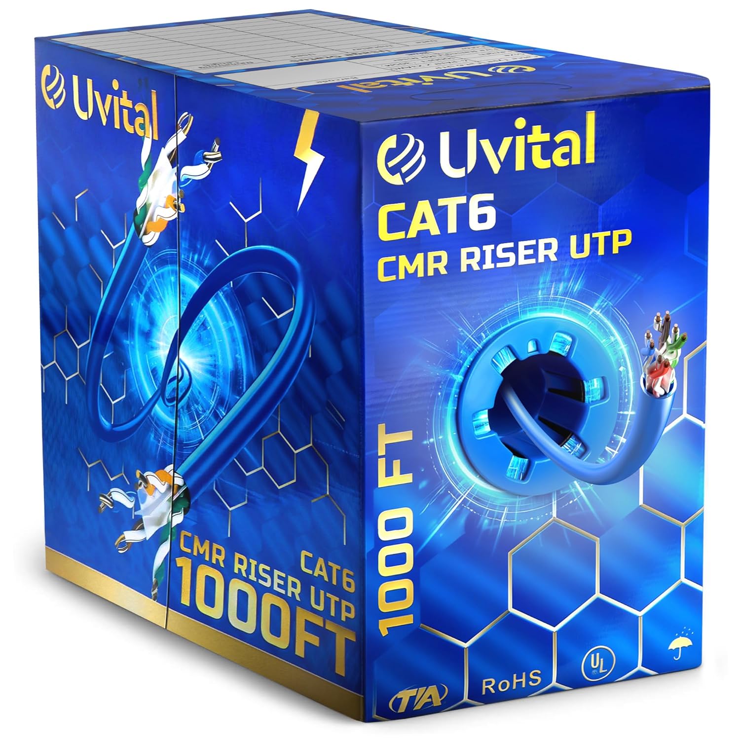Uvital CAT6 Ethernet Cable 1000ft(CMR Riser), Blue UTP 23AWG 100% Solid Copper Bulk Network Cable | Unshielded, 4-Pair | 550MHz, 10 Gigabit, PoE++ | Home, Office