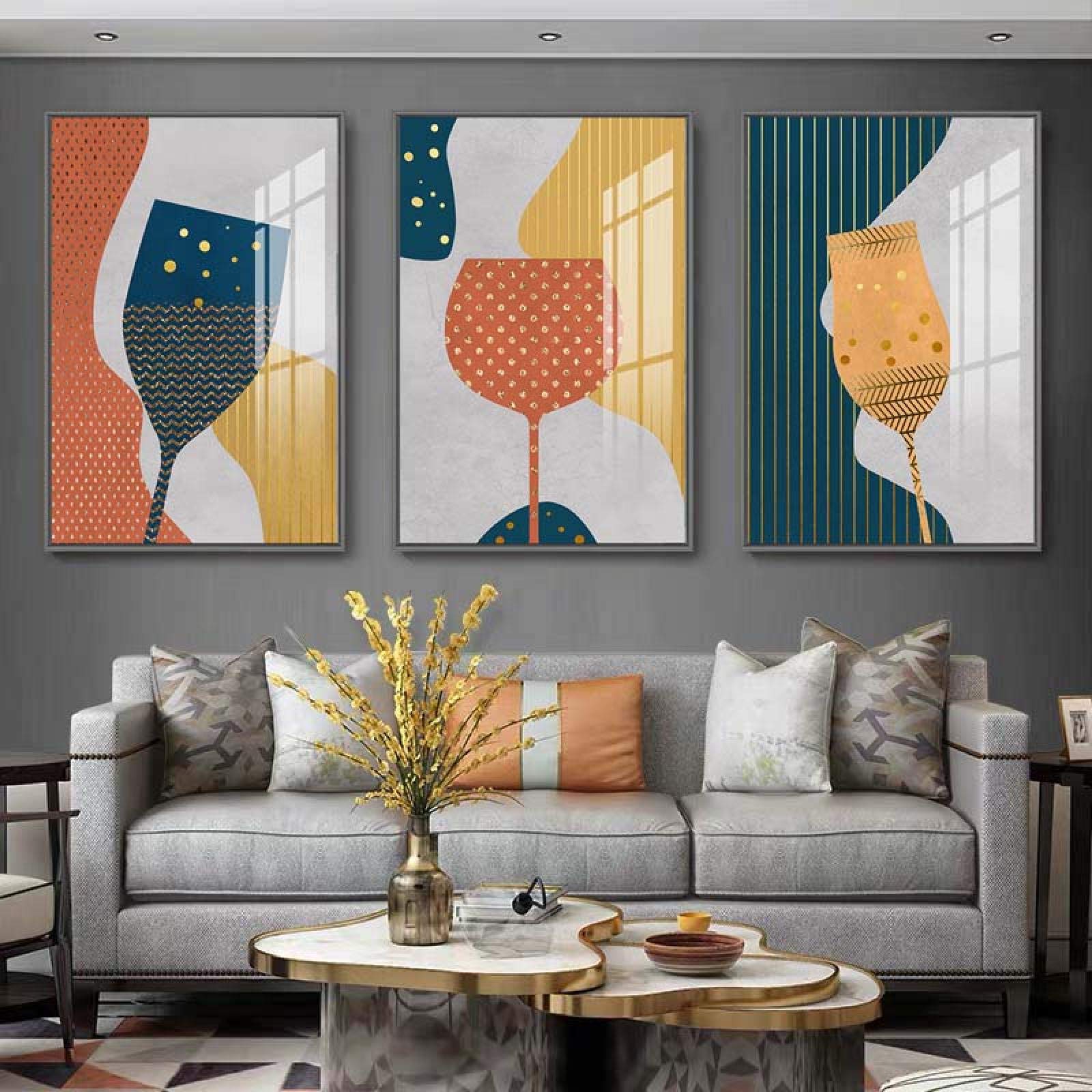Yooyu Pintura abstracta geométrica de la lona de la copa de champán de cristal colorido cartel del arte de la pared cocina restaurante decoración imágenes 40x50cmx3 marco interno
