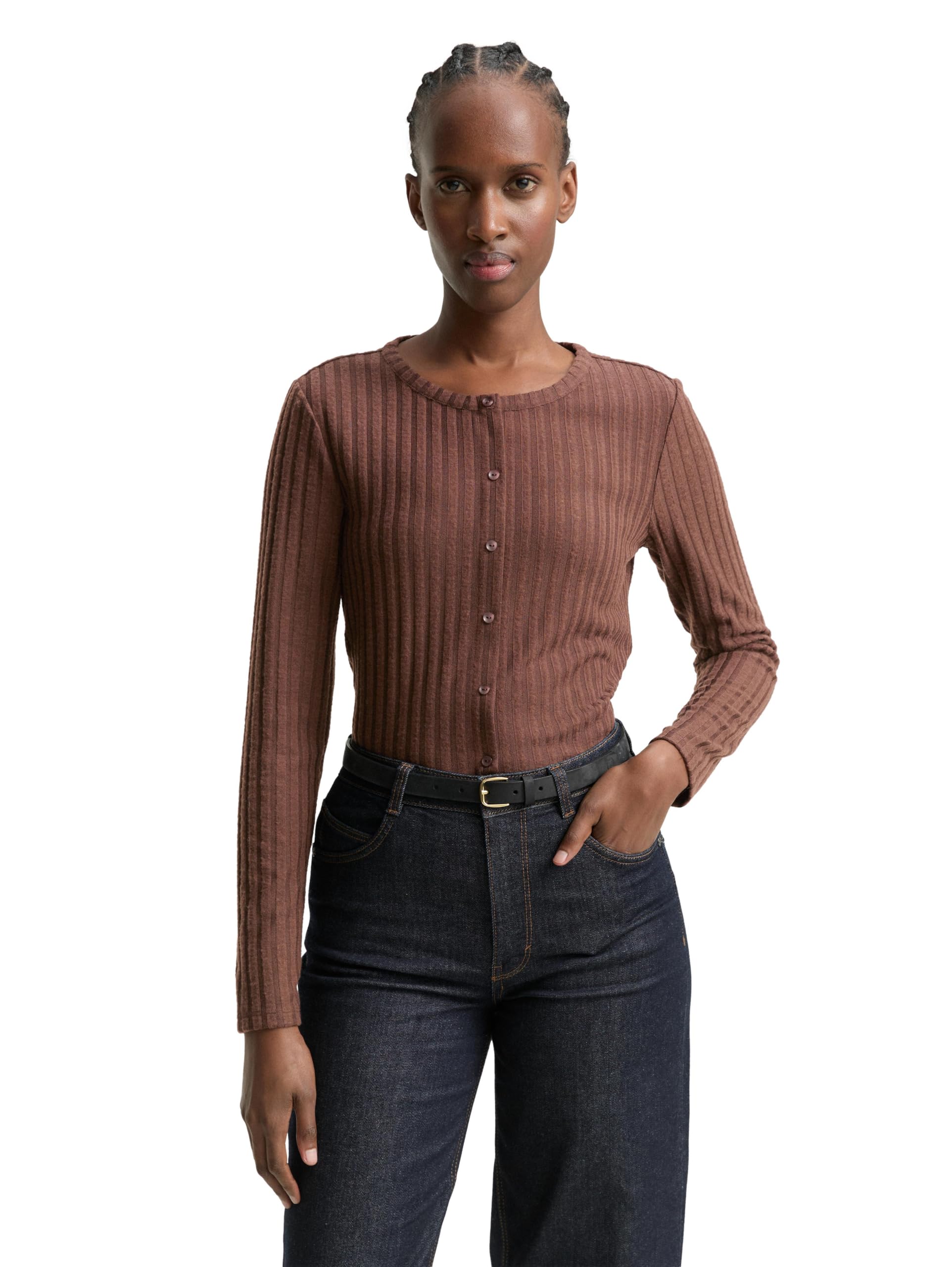 Tom Tailor Denim Damen 1048971 Slim Fit Langarmshirt mit Deko-Knopfleiste (1er Pack)