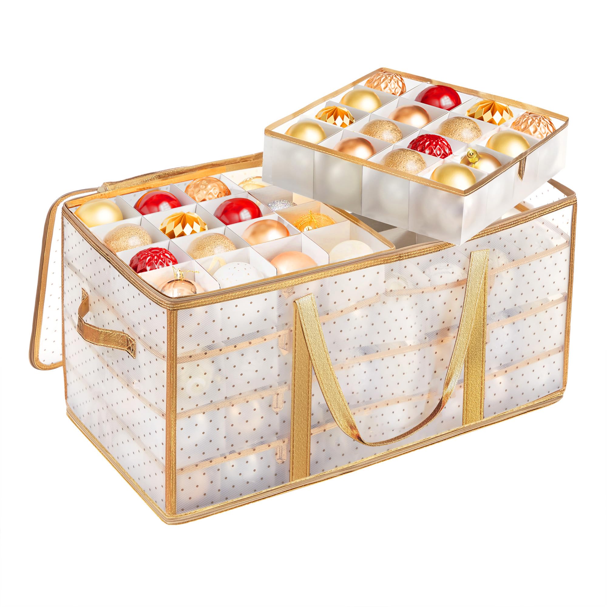 SONGMICS Contenitore per Palline di Natale, Scatola per Decorazioni Natalizie, 128 Posti, Divisori Componibili, 67 x 34 x 34 cm, Semitrasparente e Dorato RFB029A01