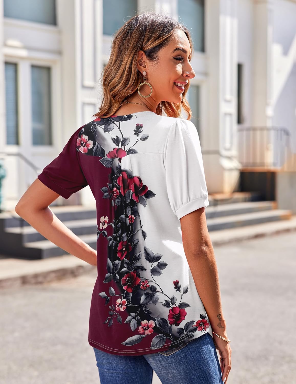 Zeagoo Women's Puff Short Sleeve Boho Shirts Casual V Neck Floral Solid Summer Blouse Pleated Tunic Top - Image 4