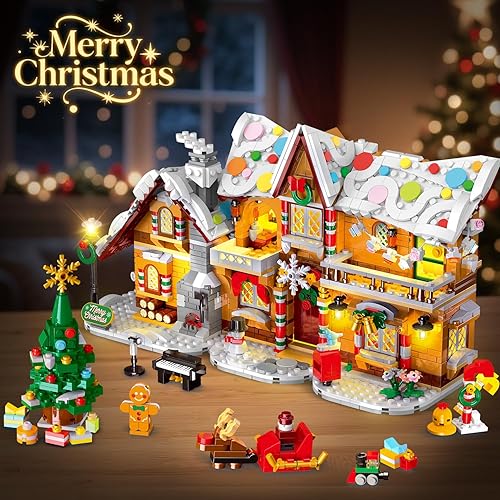 Miniatura 7 de HOGOKIDS Juego de construcción de casa de jengibre de 3 estilos de Navidad 2025 con luz, 1477 piezas de juguete de bloque de construcción de aldea
