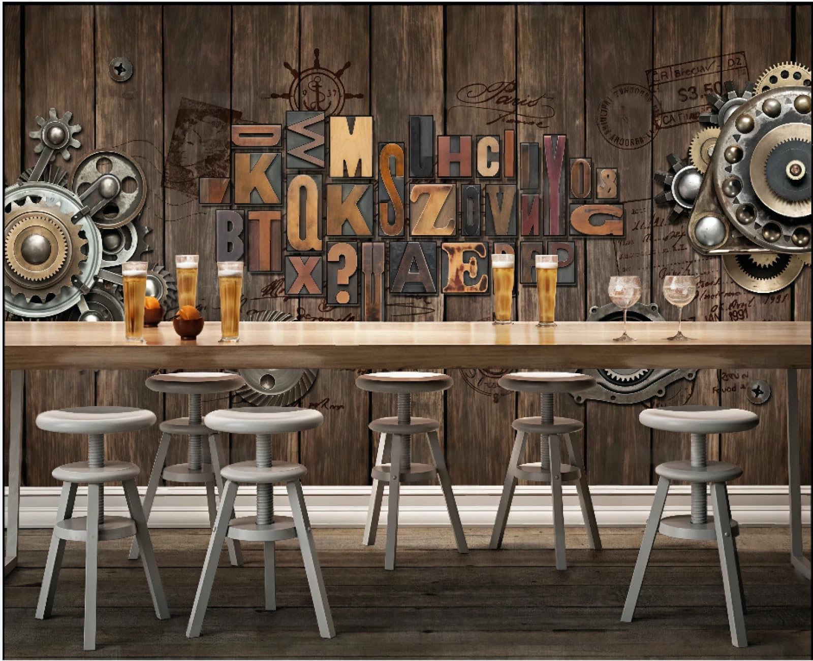 Tapeta Retro Niestandardowa przekładnia drewniana deska trójwymiarowa angielskie litery bar jadalnia tło ściana tapeta zachodnia restauracja napoje kawa mural, 3D, 200x140