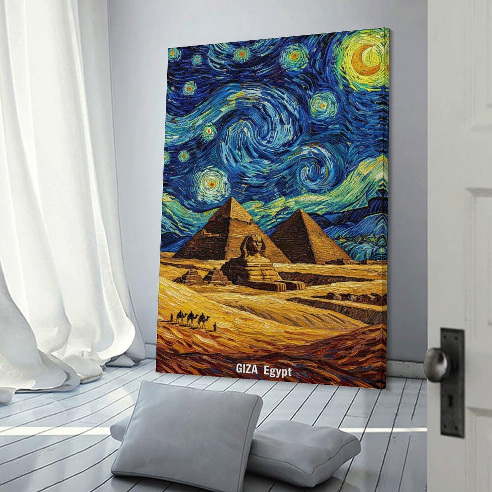 Junmoney Starry Night Pyramids of Giza Wall Art Print 16x24inch(40x60cm), for Hallway, Entryway Or Landing, A Neat Decor Update for Hallways, for Everyday Interiors