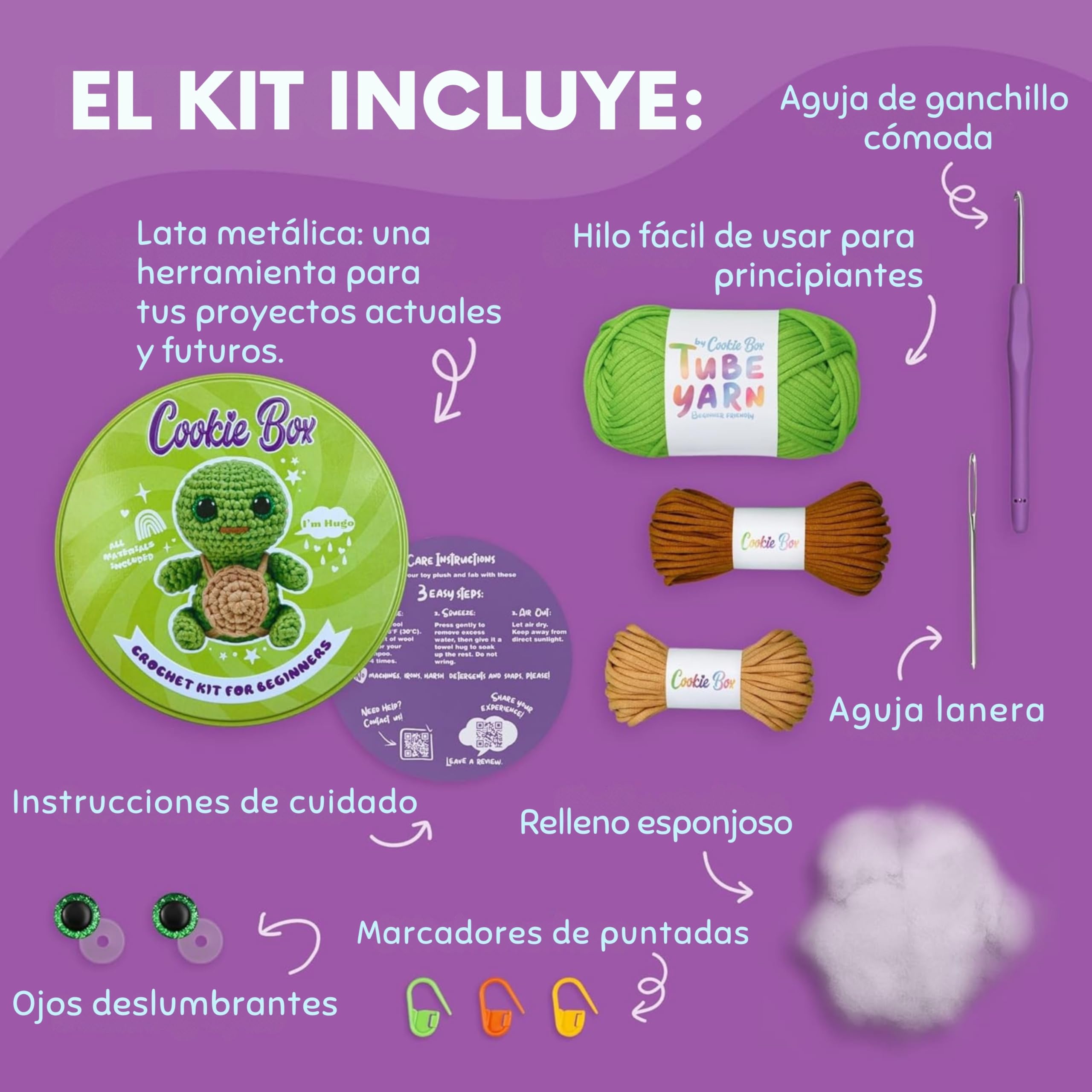 Cookie Box Kit de Ganchillo para Principiantes – Crea tu Peluche Amigurumi con Hilo, Ganchillo, Relleno, PDF y Video – Turtle Hugo | Hilo, Relleno, Guía Pdf Y Vídeo, Peluche Amigurumi Tortuga, Regalo Creativo