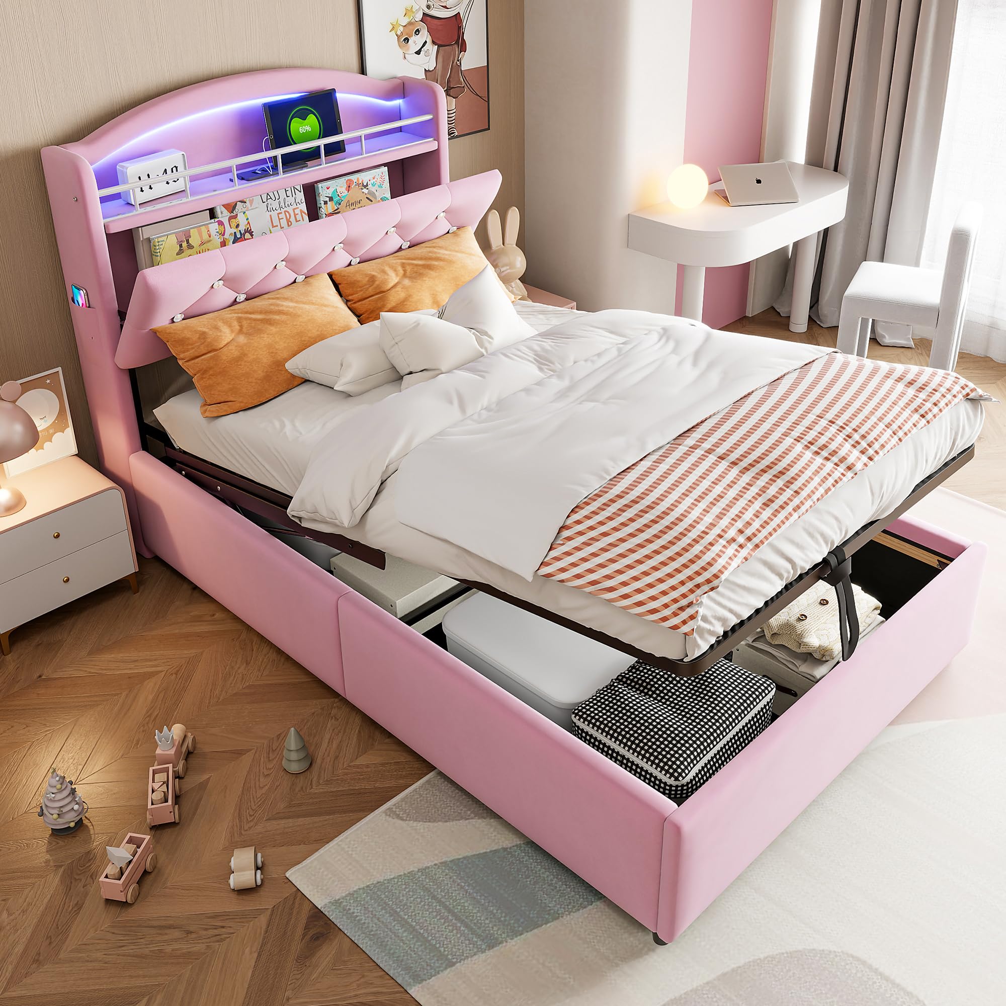 Cama 90x200 cm Camas Infantiles con USB y Cabecero de Almacenamiento, Cama Tapizada Cama Individual con LED y Almacenaje Hidráulico, Camas Individuales Juveniles, Terciopelo, Sin Colchón, Rosa