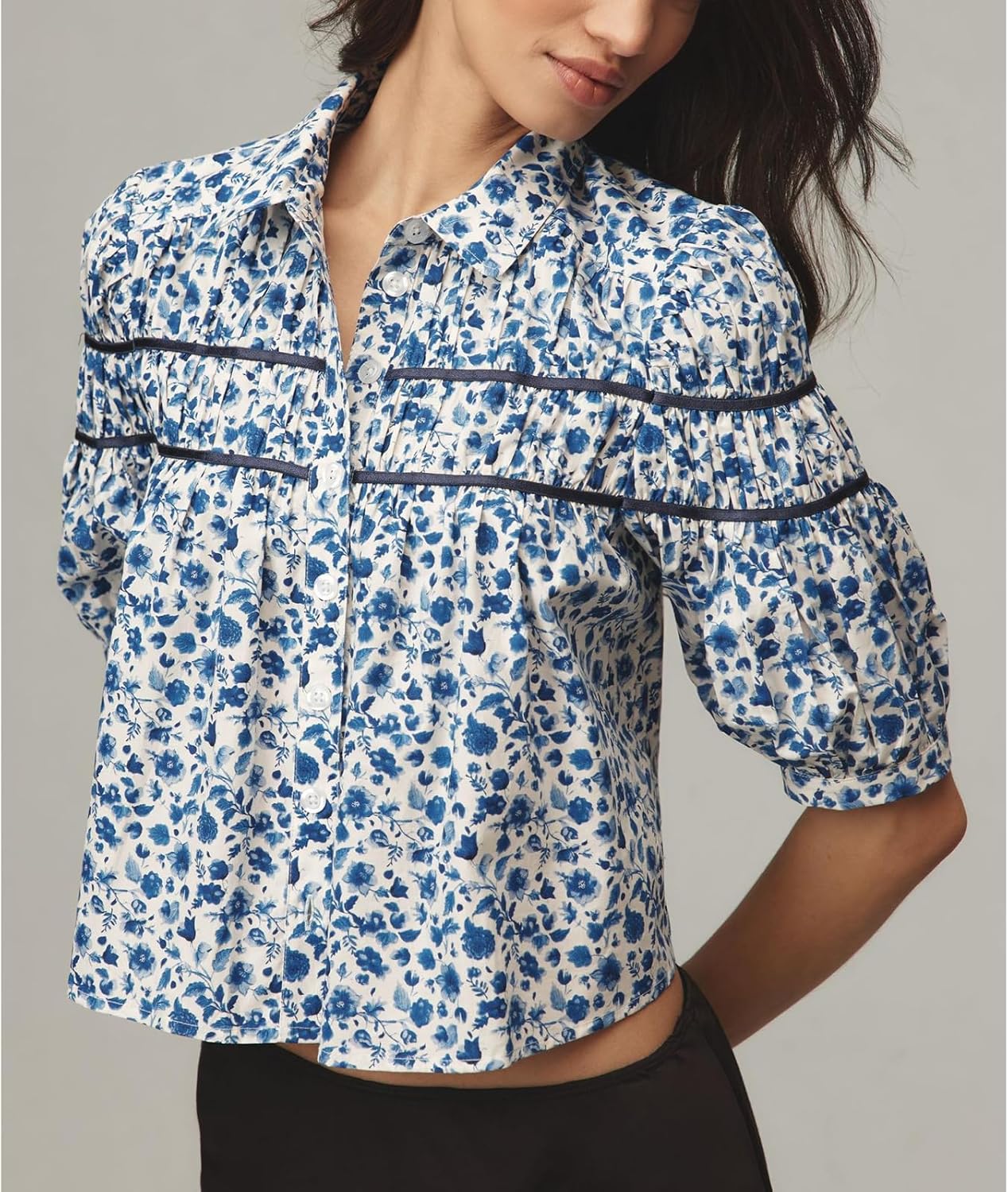 Women Puff Sleeve Cute Floral Shirred Peplum Blouse Crop Top Y2k Front Button Down Flowy Vintage Babydoll T-Shirts