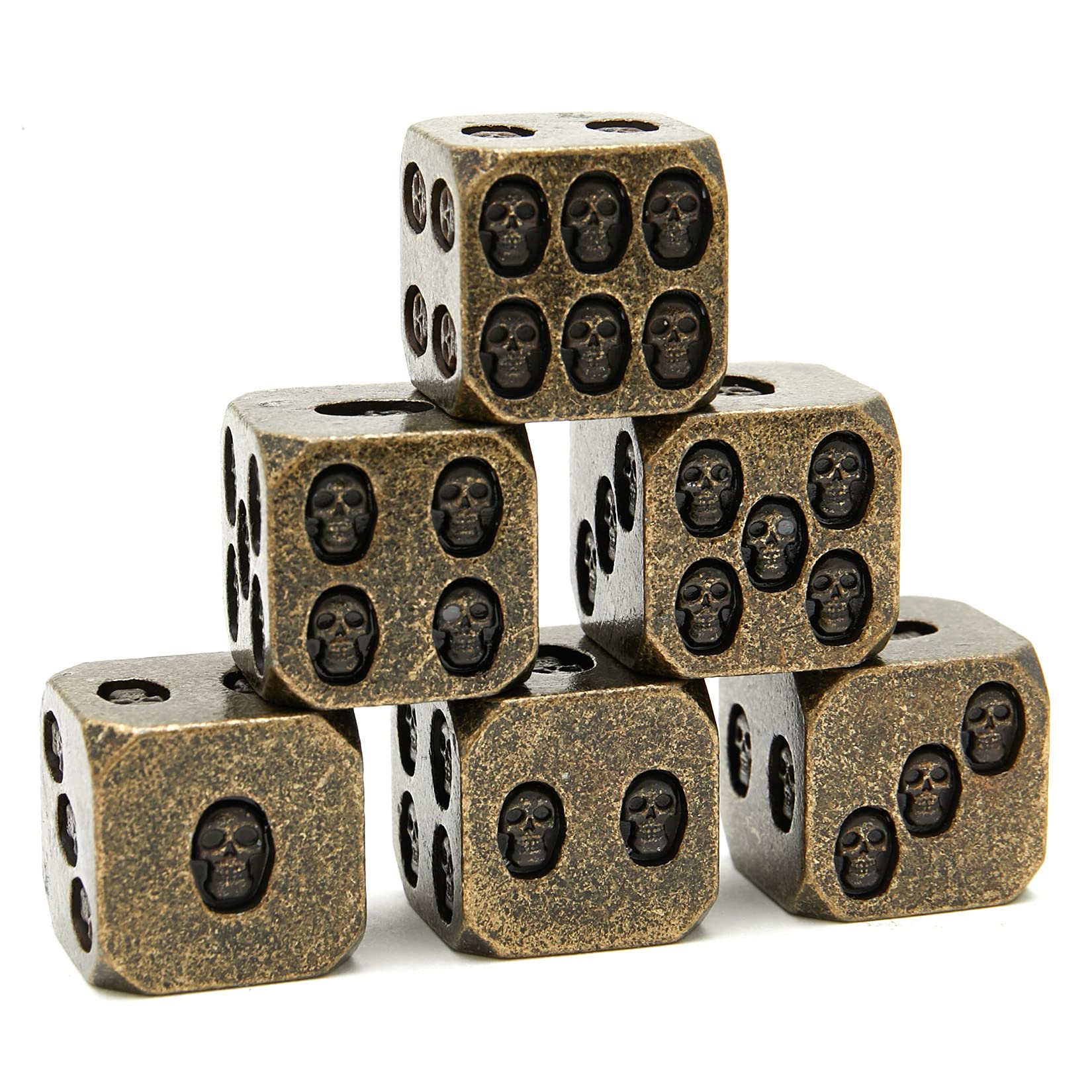 D6 Metal dice Set, 6 Inlaid Skull dice Set DND Dungeons and Dragons dice, Free Black Velvet, Bronze