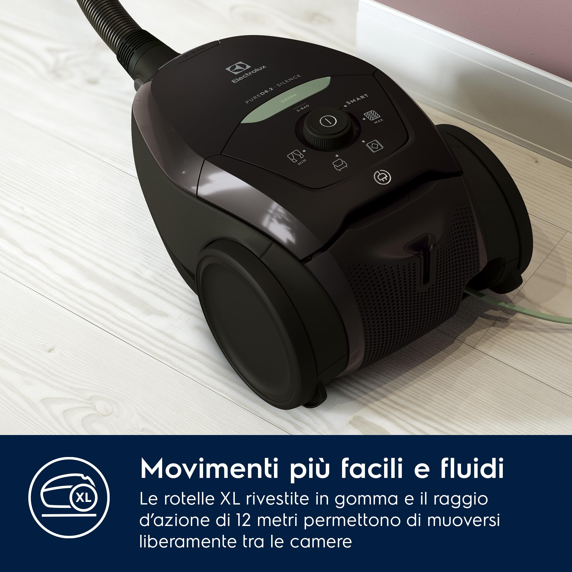 Electrolux PD82-GREEN, Aspirapolvere con Sacco Pure D8.2, Potenza Massima 600 W, Sistema di Aspirazione AeroPro, 2 Spazzole e Accessorio 3in1, Silenzioso 57 dB, Filtro HEPA