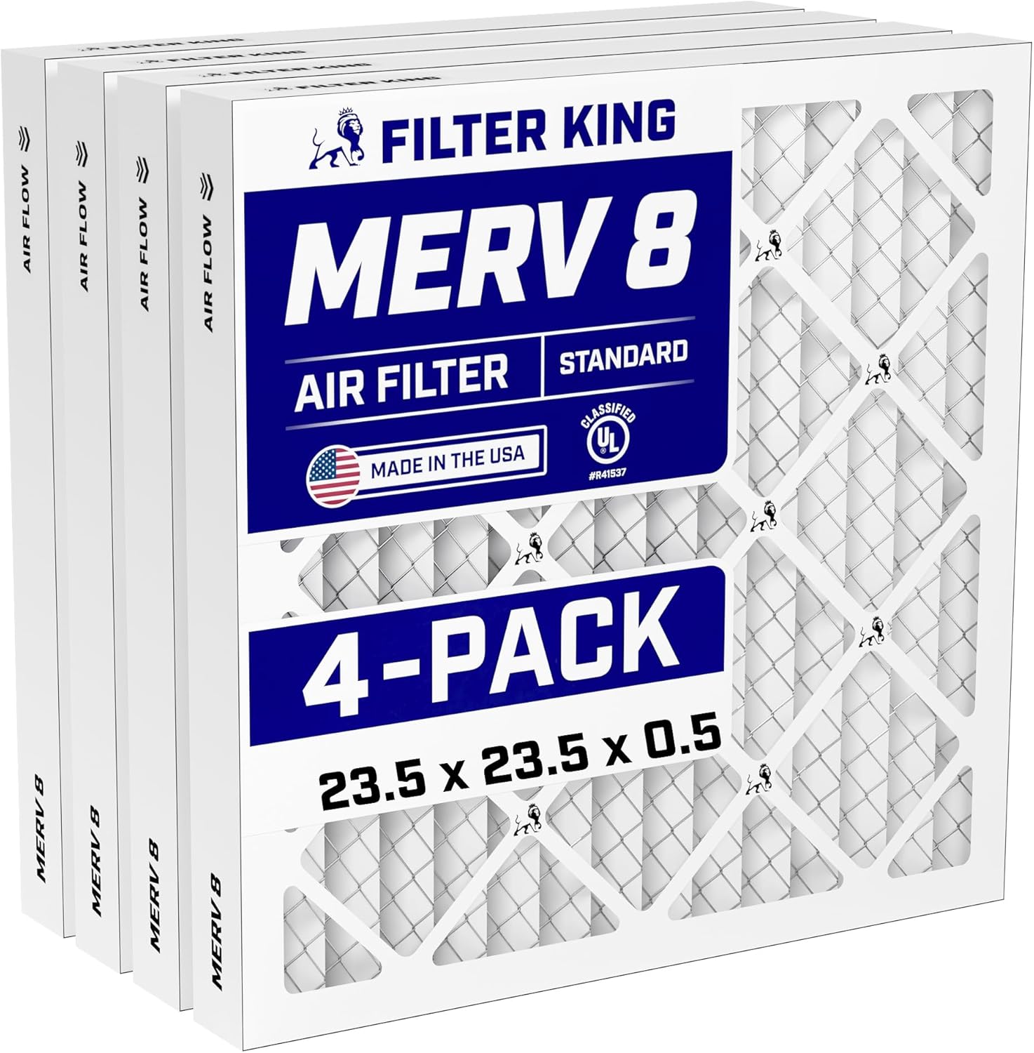 Filter King 23.5x23.5x0.5n Air Filter (MERV 8) (4-Pack) Dust & Allergy Control AC Furnace Filters, MADE IN USA, HVAC, Pleated, Electrostatic (Actual Size: 23.1 x 23.1 x 0.5)