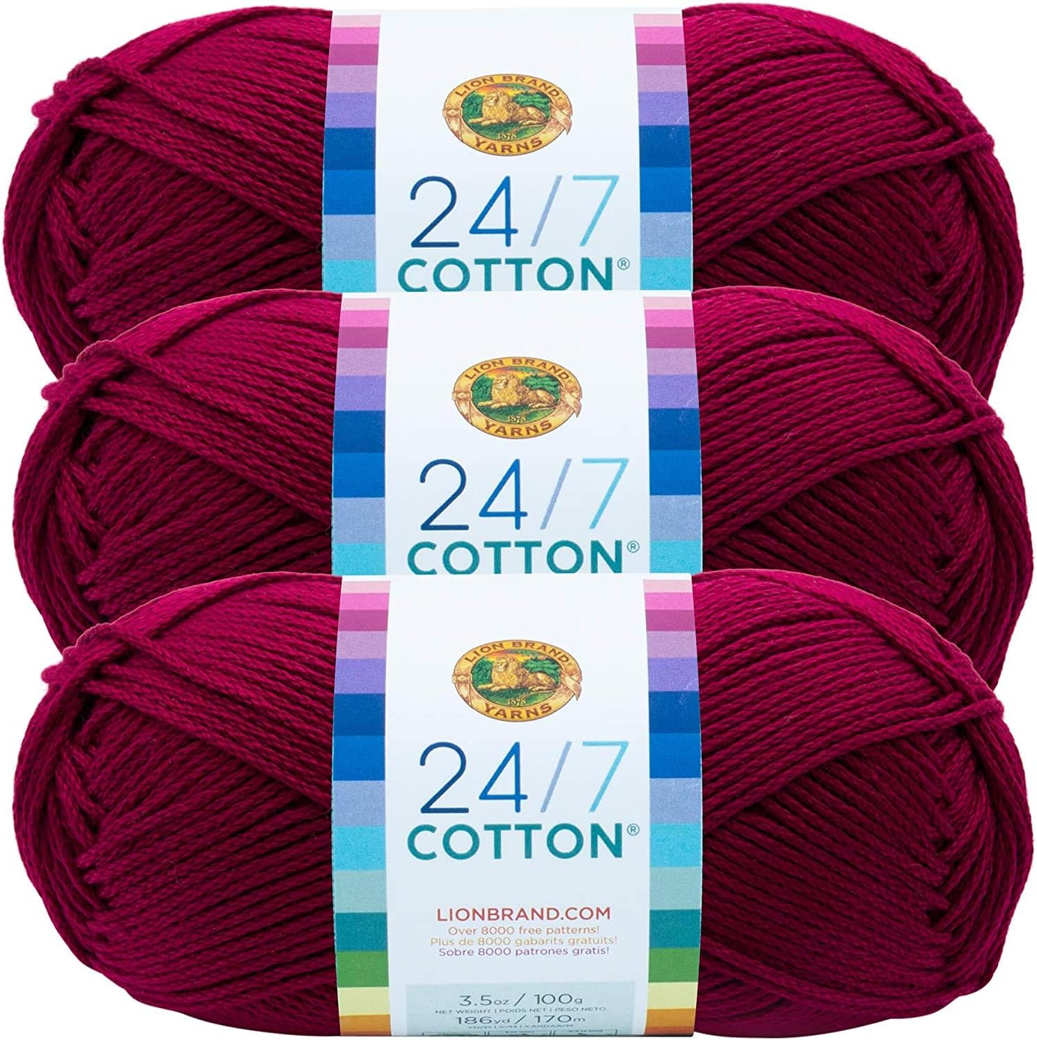 (3 Pack) Lion Brand Yarn 761-144 24-7 Cotton Yarn, Magenta
