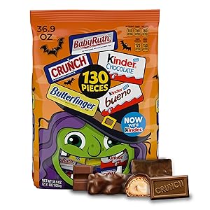 Butterfinger, CRUNCH, Baby Ruth, 100 Grand, Kinder Bueno, Kinder Chocolate, Halloween Candy Fun Size, 130 Minis, 25.9 oz