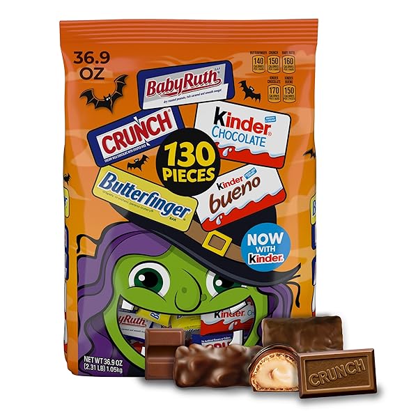 Butterfinger, CRUNCH, Baby Ruth, 100 Grand, Kinder Bueno, Kinder Chocolate, Halloween Candy Fun Size, 130 Minis, 25.9 oz