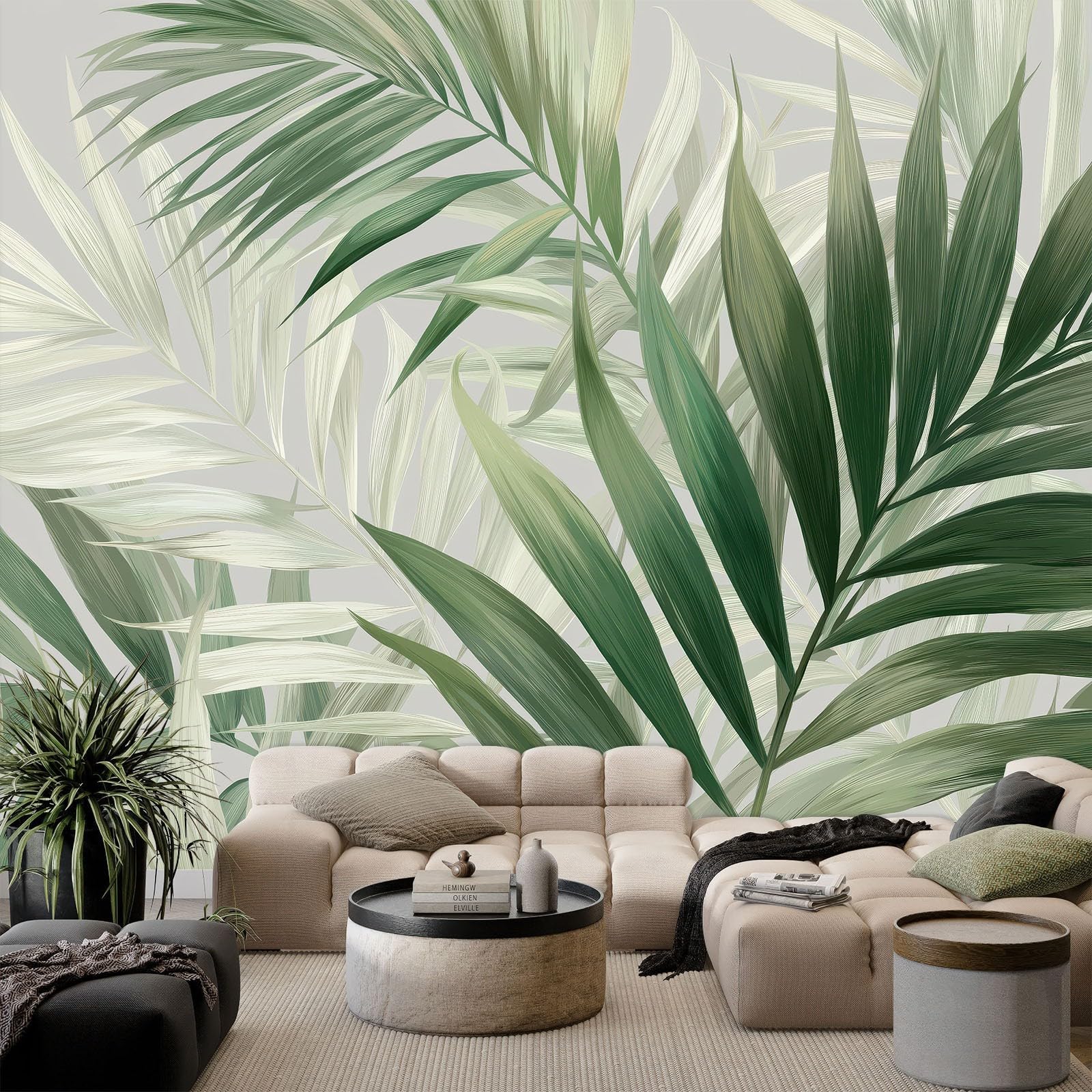 Art Papier Peint Intissé 3D Feuilles De Palmier Dessinées À La Main Muraux Papier Peint Photo, Plantes En Aquarelle Murale Panoramique 500 x 280 cm Salon Chambre Bureau Couloir Peinture Murale