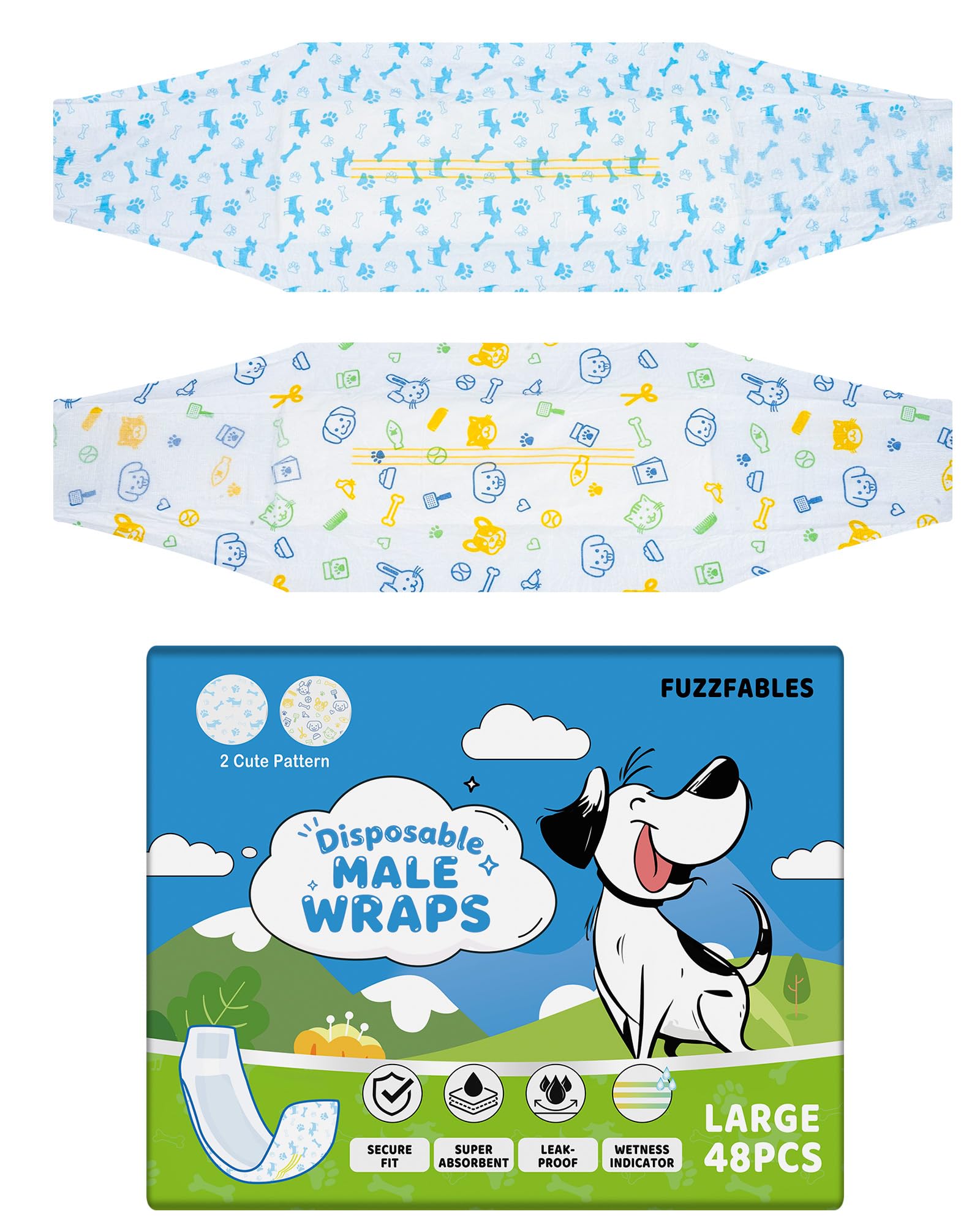 FuzzFables Disposable Male Dog Nappies, Belly Bands and Wraps, 48 Count, Super Absorbent, Leak-Proof and Adjustable Fit, Wetness Indicator, for Incontinence and Excitable Urination L
