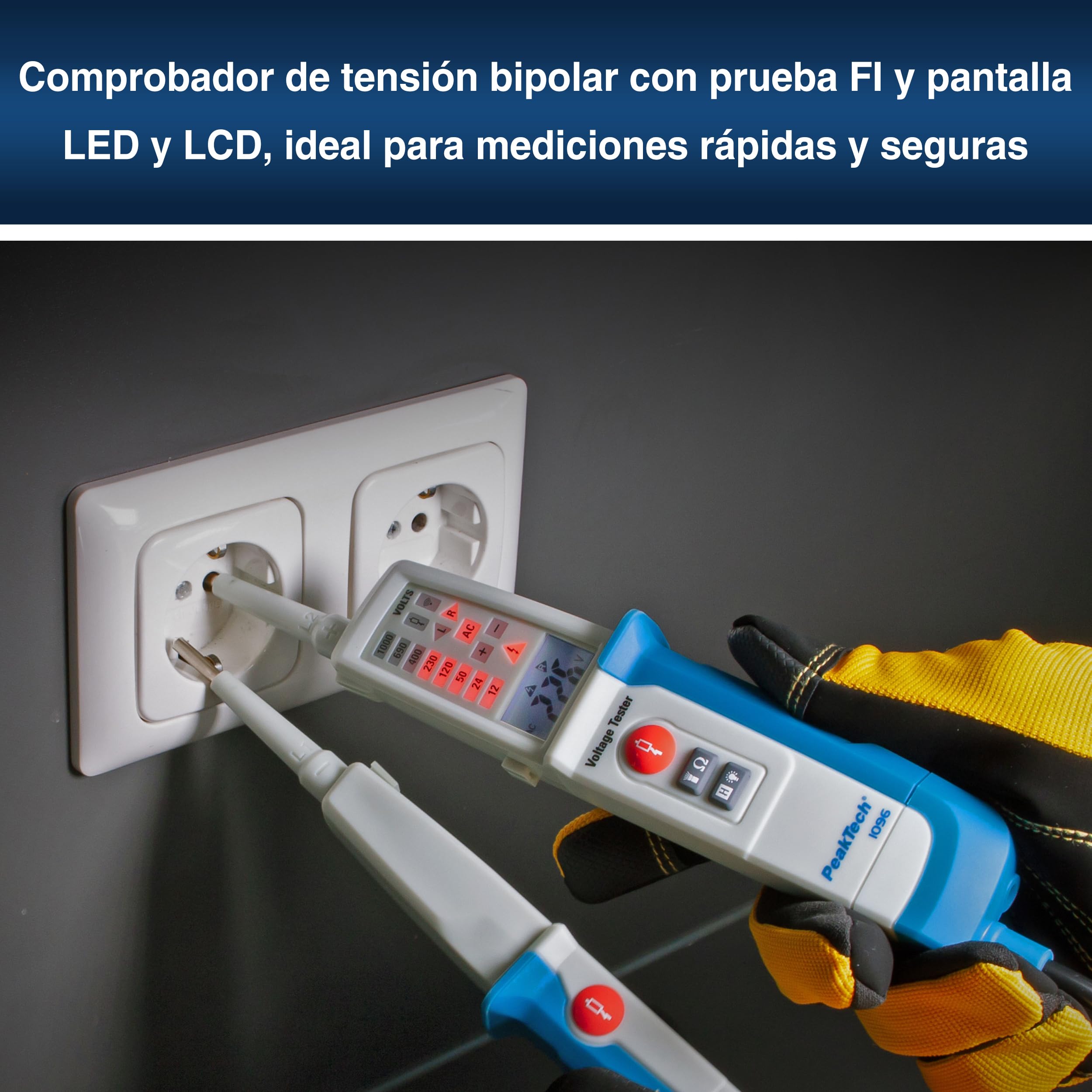 PeakTech, 1096, Comprobador de tensión CA/CC de 2 polos con doble pantalla y test RCD, protección contra polvo y agua (IP64), pantalla LCD + linterna, comprobador de continuidad