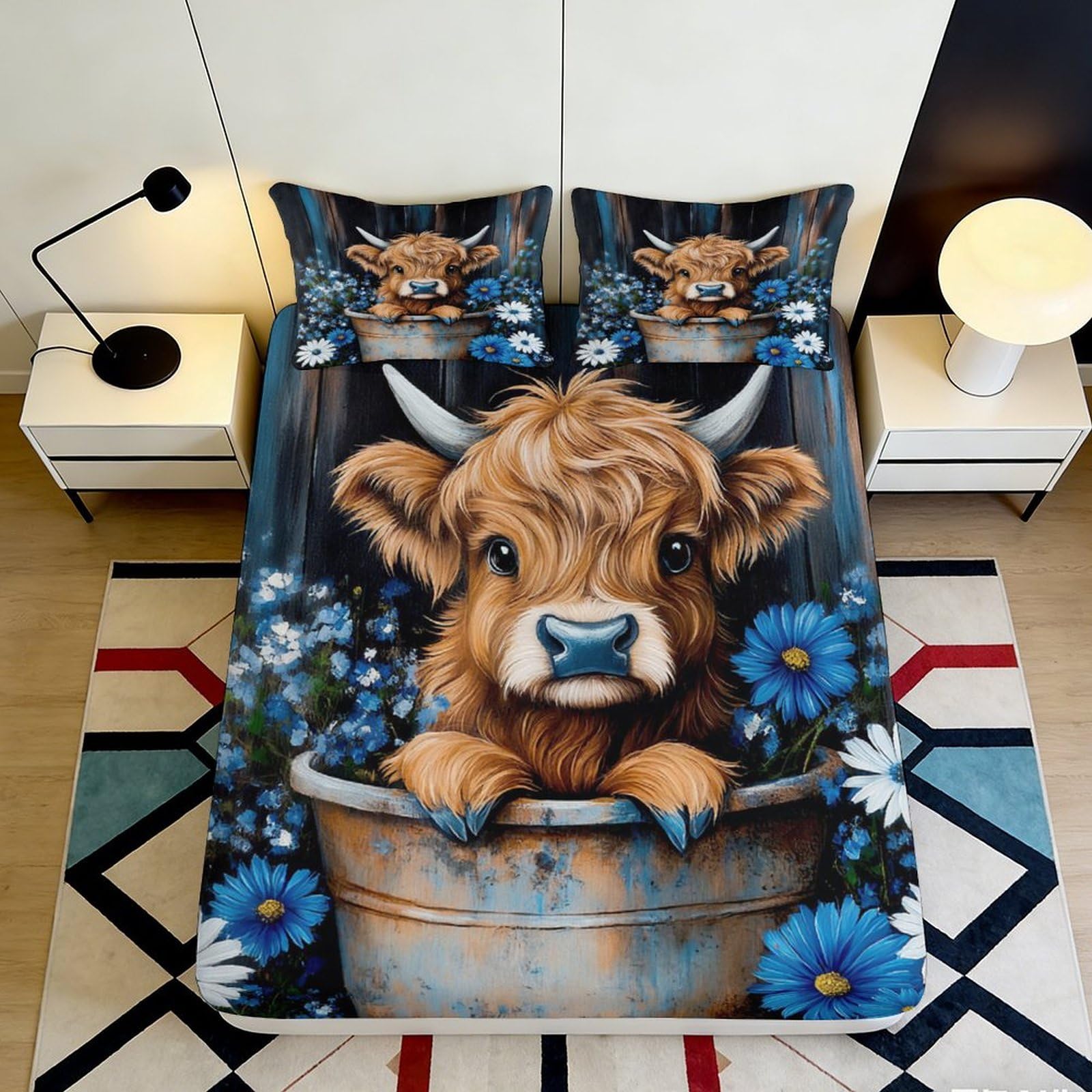 3D Printed Highland Cow Fitted Sheet Microfiber Blue Floral Bed Sheet Animal Art for Bedroom Guestroom Decor 90x200x25cm