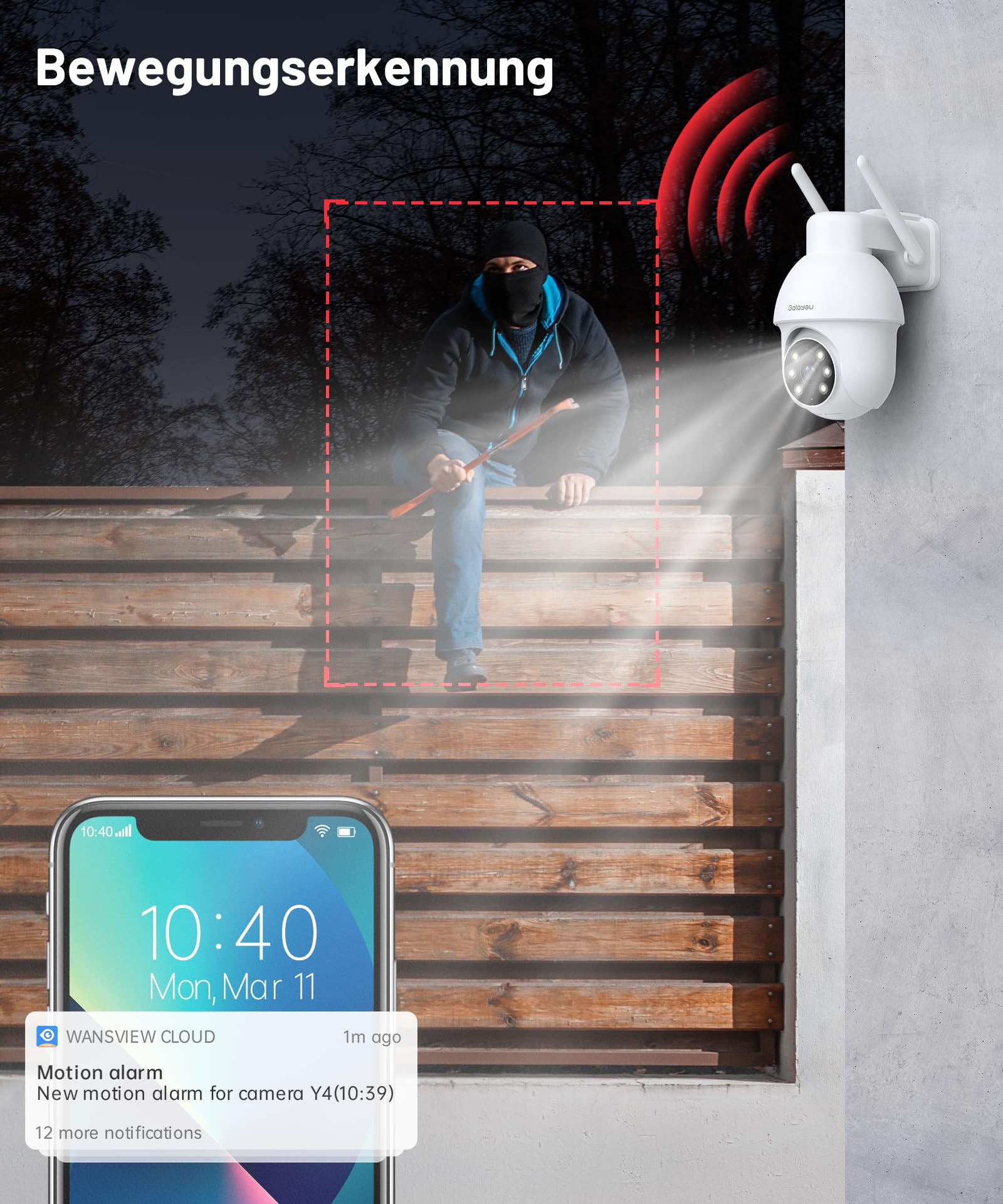 GALAYOU Zewnętrzna kamera nadzorująca WiFi PTZ, zewnętrzna wodoodporna kamera nadzorująca 360°, kolorowy noktowizor, inteligentne śledzenie, natychmiastowy alarm, Alexa Y4 2p