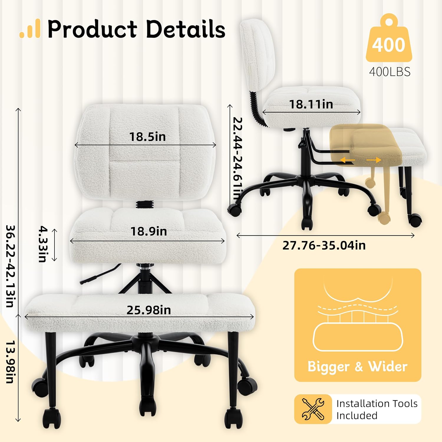 Criss Cross Legged Office Chair with Wheels, Armless Fabric Office Desk Chair, Modern Meditation Chair for ADHD, Comfy Ergonomic Fidgeting Kneeling Yoga Chair with Adjustable Footstool&Height,Offwhite