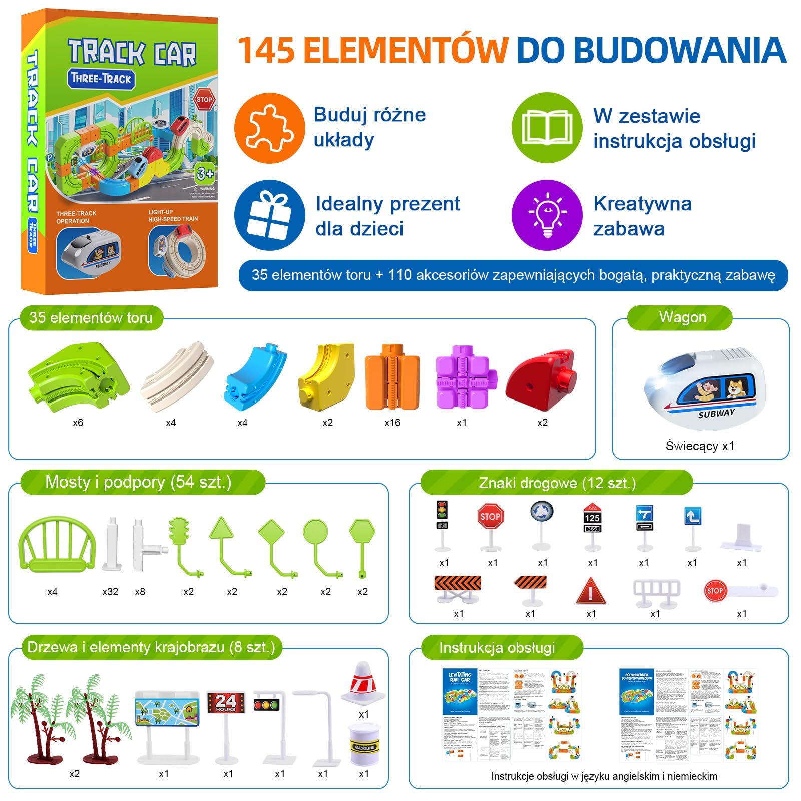 145-elementowy elektryczny tor kolejowy z kostek, zestaw pociągu 3D przeciw grawitacji, tor DIY do samodzielnego budowania, zabawka edukacyjna STEM i kreatywny prezent dla dzieci 3–8 lat