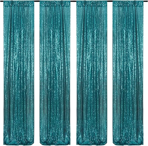 Cortina de fondo de lentejuelas color verde azulado, 4 paneles de fondo de lentejuelas color verde azulado, cortinas de lentejuelas de 2 x 8 pies