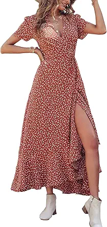 PRETTYGARDEN Women's Summer Maxi Dress Casual Wrap Floral Boho Short Sleeve V Neck Split Ruffle Beach Long Dresses