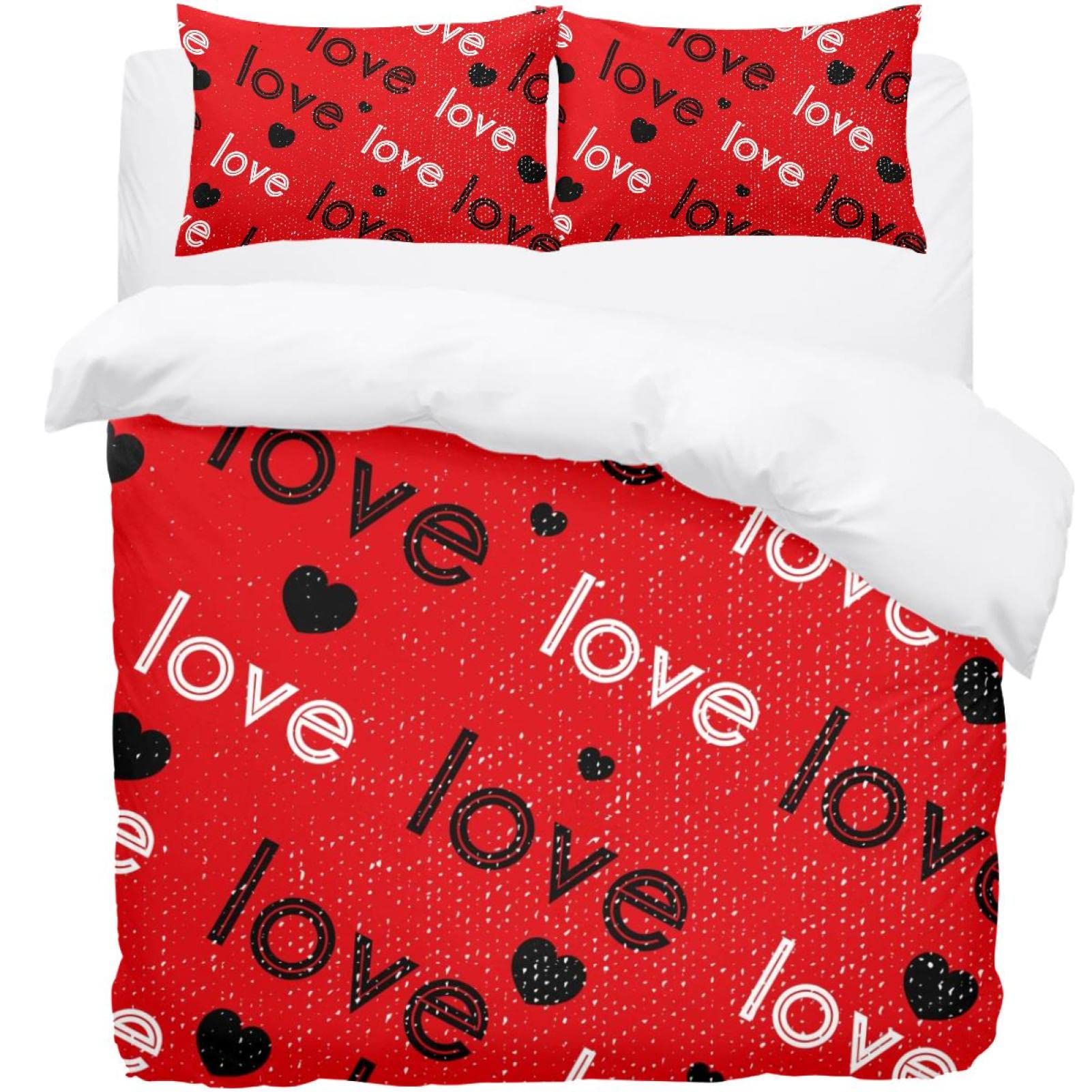 Parure de lit motif cœurs noir et blanc avec housse de couette ultra douce et taies
