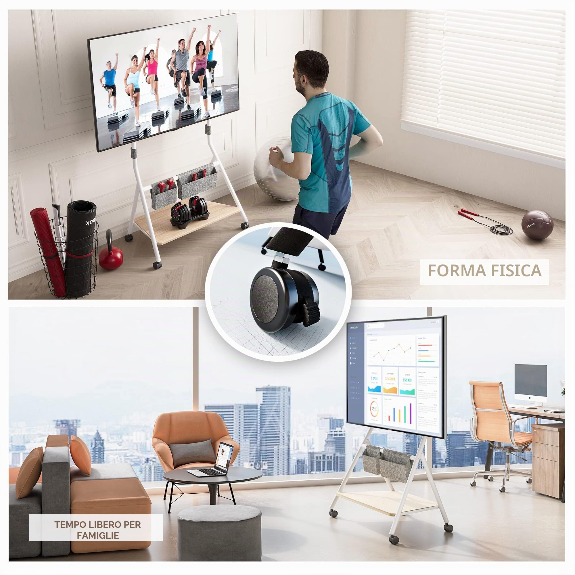 FITUEYES Supporto TV da Pavimento per Schermi 46 50 55 60 65 Pollici con Ruote, Carrello Moderno Mobile TV ad Angolo con Ripiani in Legno, Serie COLLECTOR