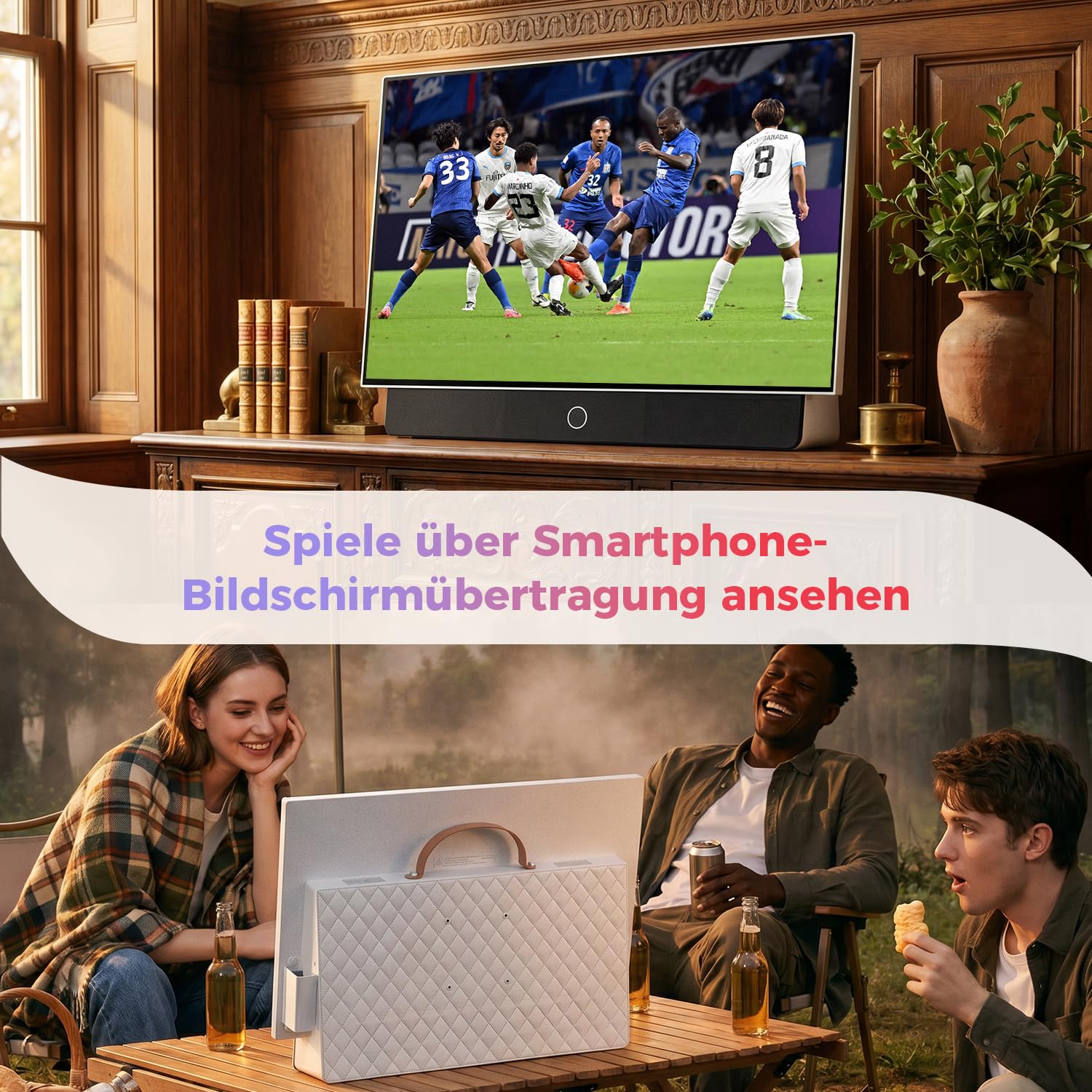 VLH 27 Zoll Tragbarer Fernseher, Smart Google TV, Batteriebetriebener Outdoor-Fernseher 1080P, Dolby Audio, 300cd/m², WLAN ＆ Bluetooth, Fernbedienung für Google Assistent, Ideal für Camping, Parties