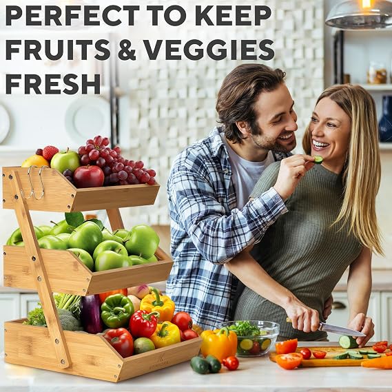 KOMFORA Bamboo 3 Tier Fruit Basket, Produce Basket for Kitchen Counter