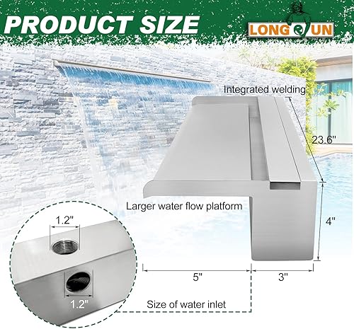 Miniatura 3 de LONGRUN Fuente de piscina de acero inoxidable para estanque para exteriores, cascada con plataforma de flujo de agua más ancha, rociador de luz LED