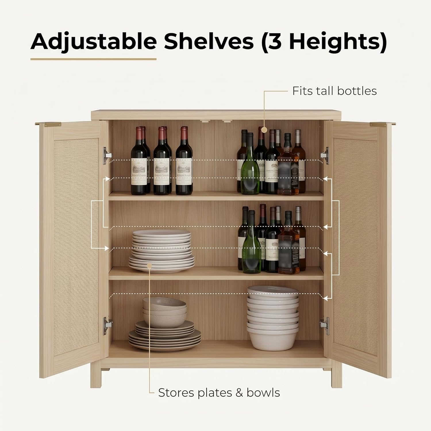 Buffet Cabinet with Storage, Rattan Door Sideboard Cabinet 34.3" w, Engineered Wood Cabinet with Adjustable Shelves, Console Cabinet for Kitchen Coffee Bar, Living Room Entryway