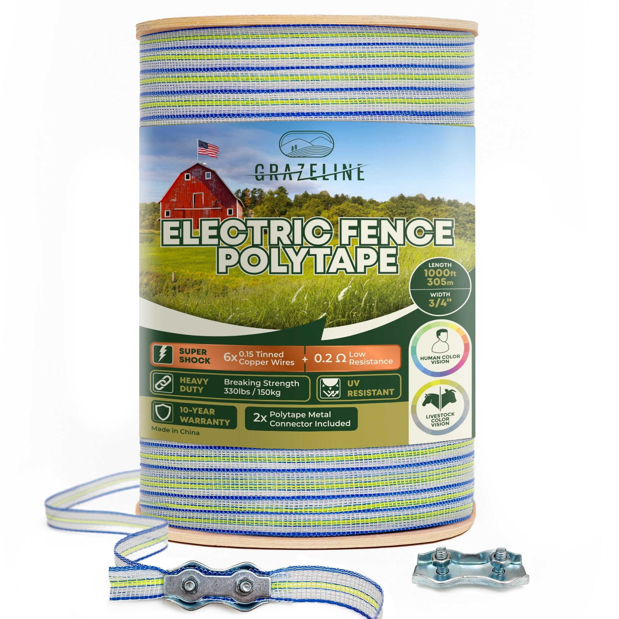Electric Fence Tape for Livestock 1000 Feet 3/4" - 6 x Tinned Copper Wire for Superior Shock - Portable Horse Fencing Polytape - UV, Rust and Corrosion Resistant