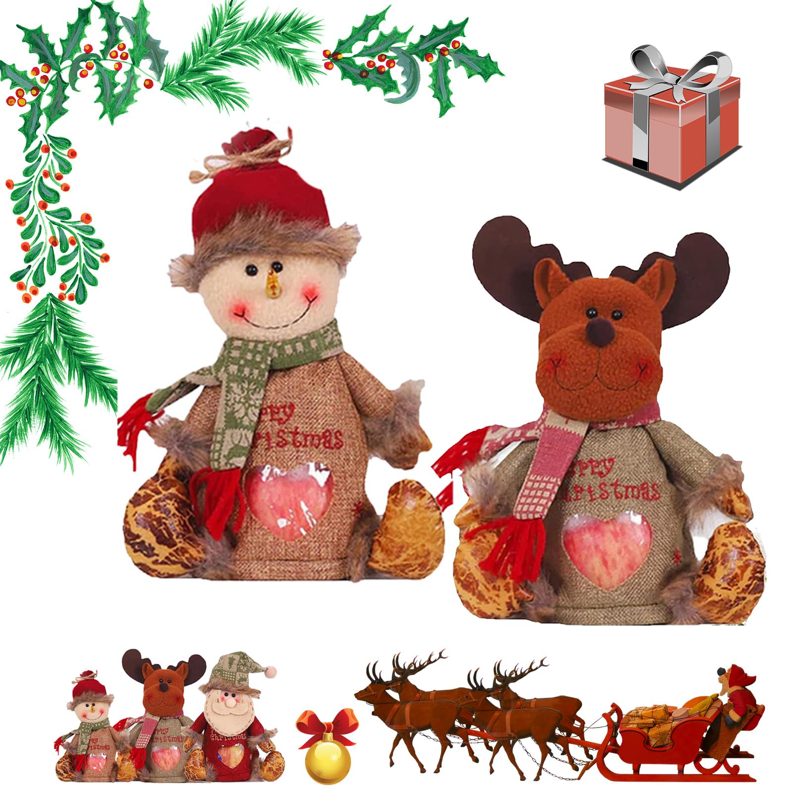 Christmas Gift Bags Zipper Design, Christmas Gift Doll Bags with Drawstring, Small Christmas Gift Bags, Santa Snowman Doll Storage Bag,Reusable Fabric Xmas Favor Bags (Set-C)