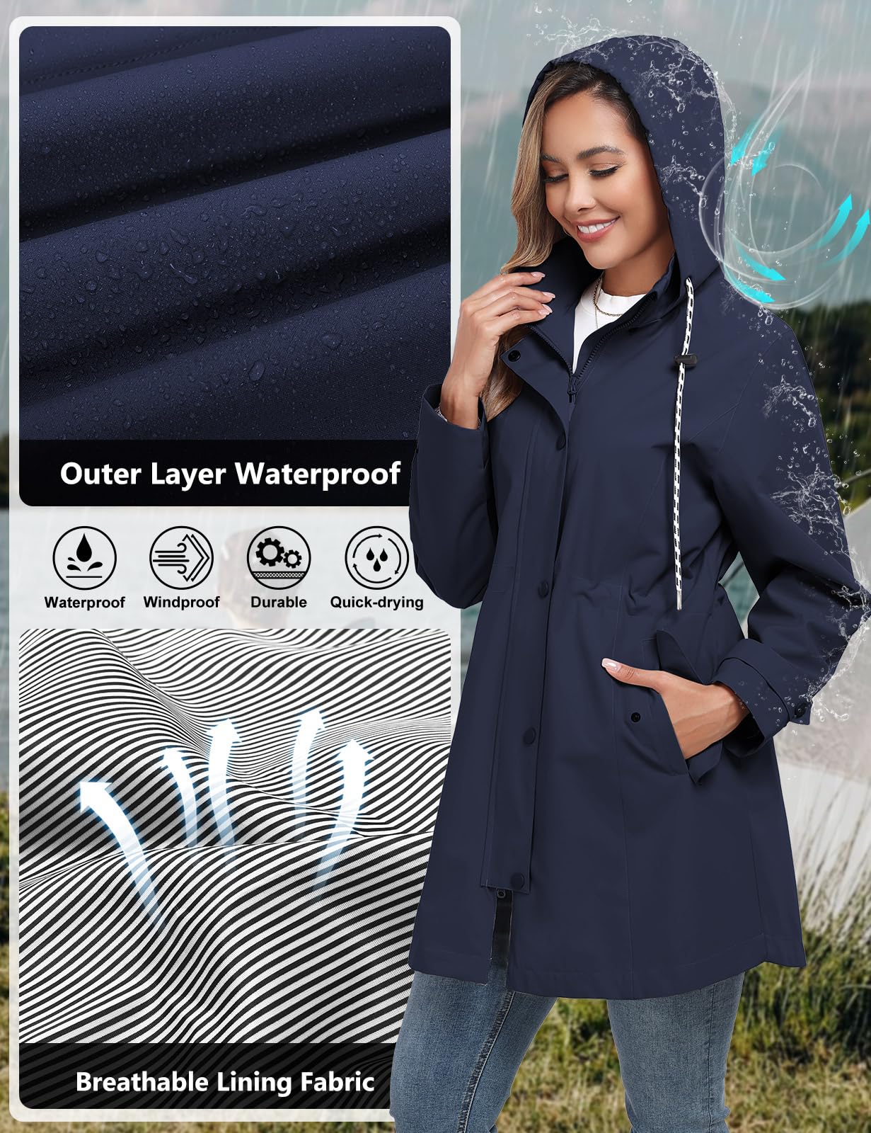 CMTOP Giacca Impermeabile Donna Cappuccio Antivento Trench Traspirante Leggero Parka, Lungo All'aperto Cappotto Per Primavera e Autunnale Ripiegabili Softshell Raincoat